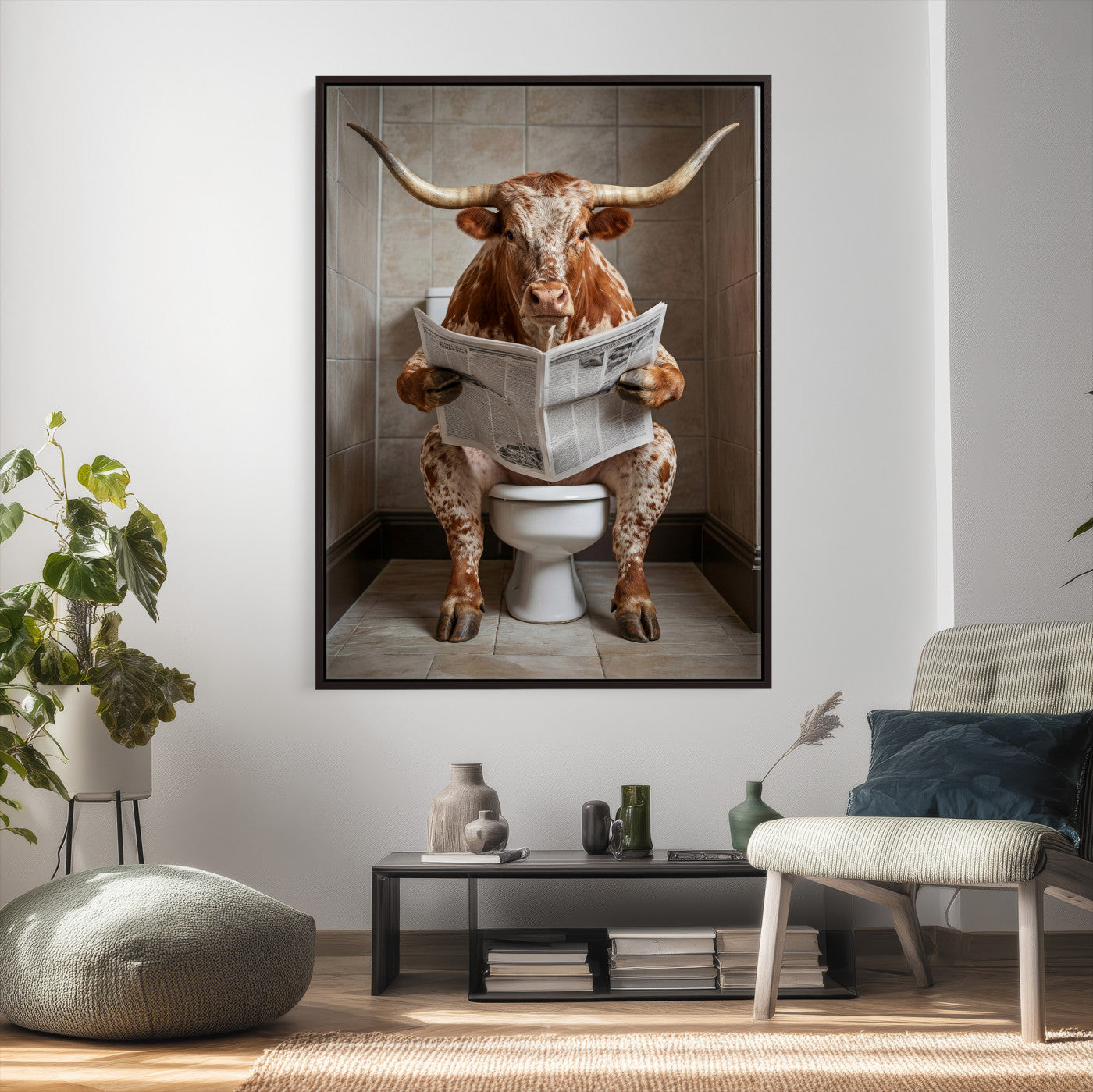 17728527-MGV-CV-24X36 - Funny Bathroom Canvas Wall Art, Texas Longhorn on Toilet Reading Newspaper, Humor Animal Print, Farmhouse Bathroom Decor, Quirky Cow Gift, Toilet Room Art
