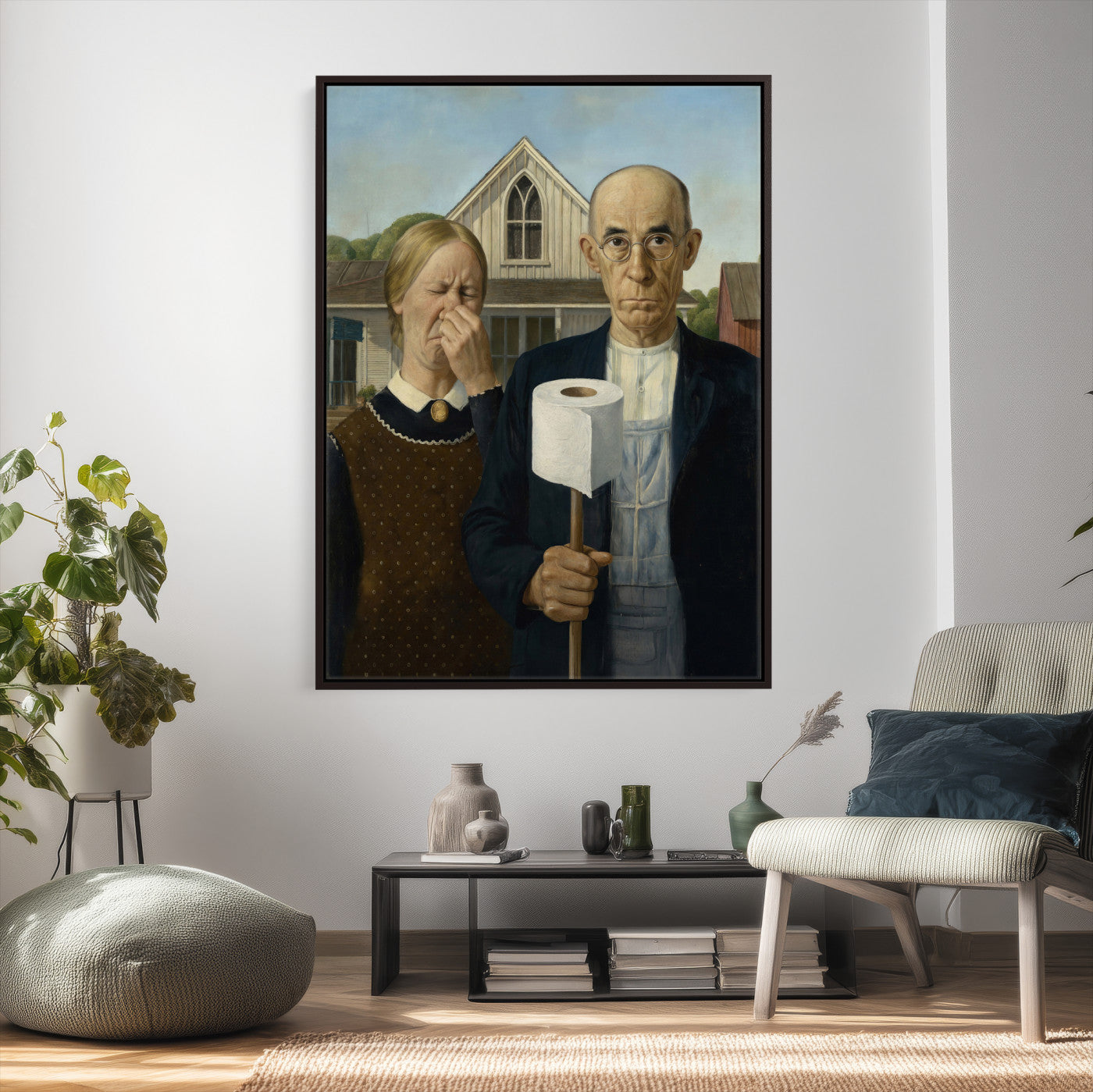46805085-MGV-CV-24X36 - Funny Bathroom Canvas Wall Art, Grant Wood American Gothic Toilet Paper Parody Print, Humor Bathroom Decor, Classic Art Spoof, Quirky Housewarming Gift
