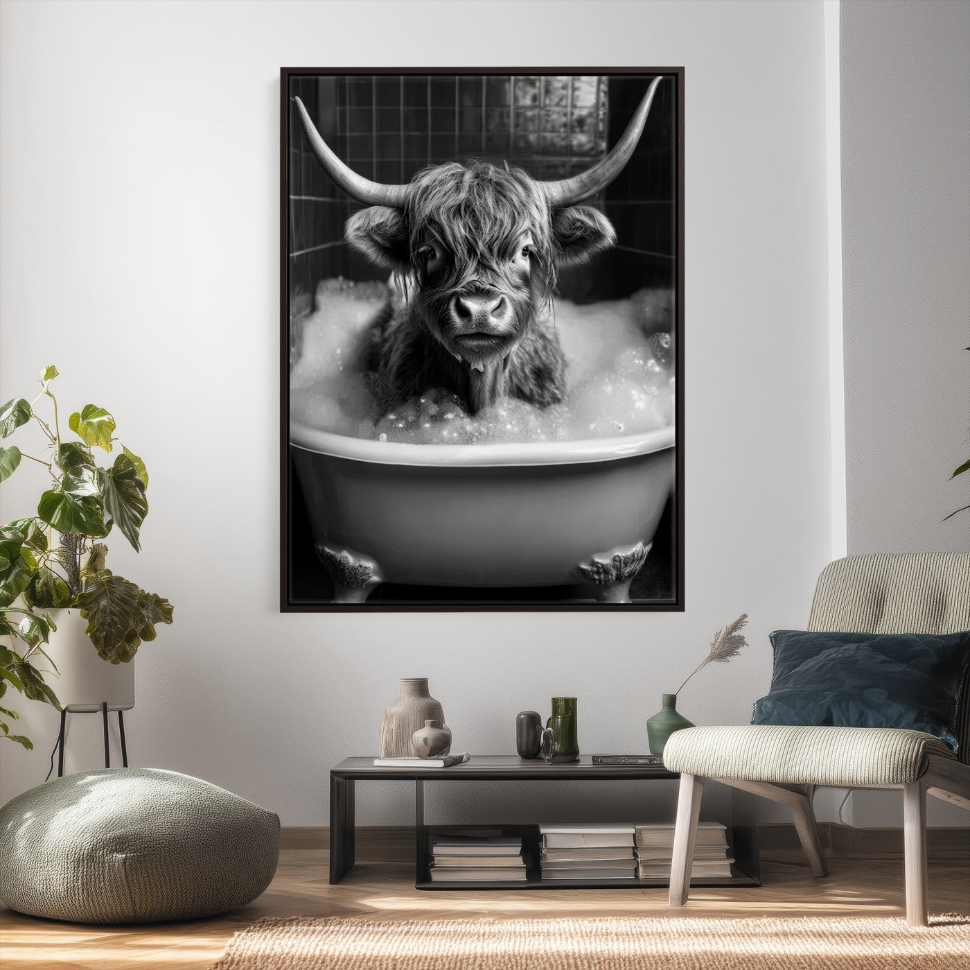 44020264-MGV-CV-24X36 - Highland Cow Bathtub Canvas Wall Art, Funny Bathroom Print Black White, Grumpy Cow Bubble Bath Decor, Animal Bathroom Art, Farmhouse Humor Print, Cute Cow Gift