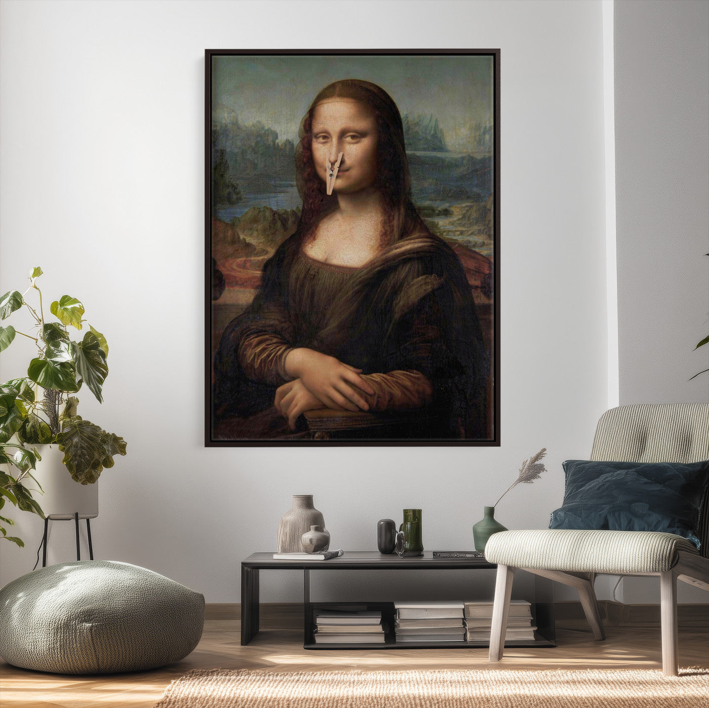 59125950-MGV-CV-24X36 - Funny Bathroom Canvas Wall Art Print, Mona Lisa Clothespin Nose Humor Decor, Classic Art Parody, Toilet Room Wall Art, Quirky Housewarming Gift, Eclectic Home Decor