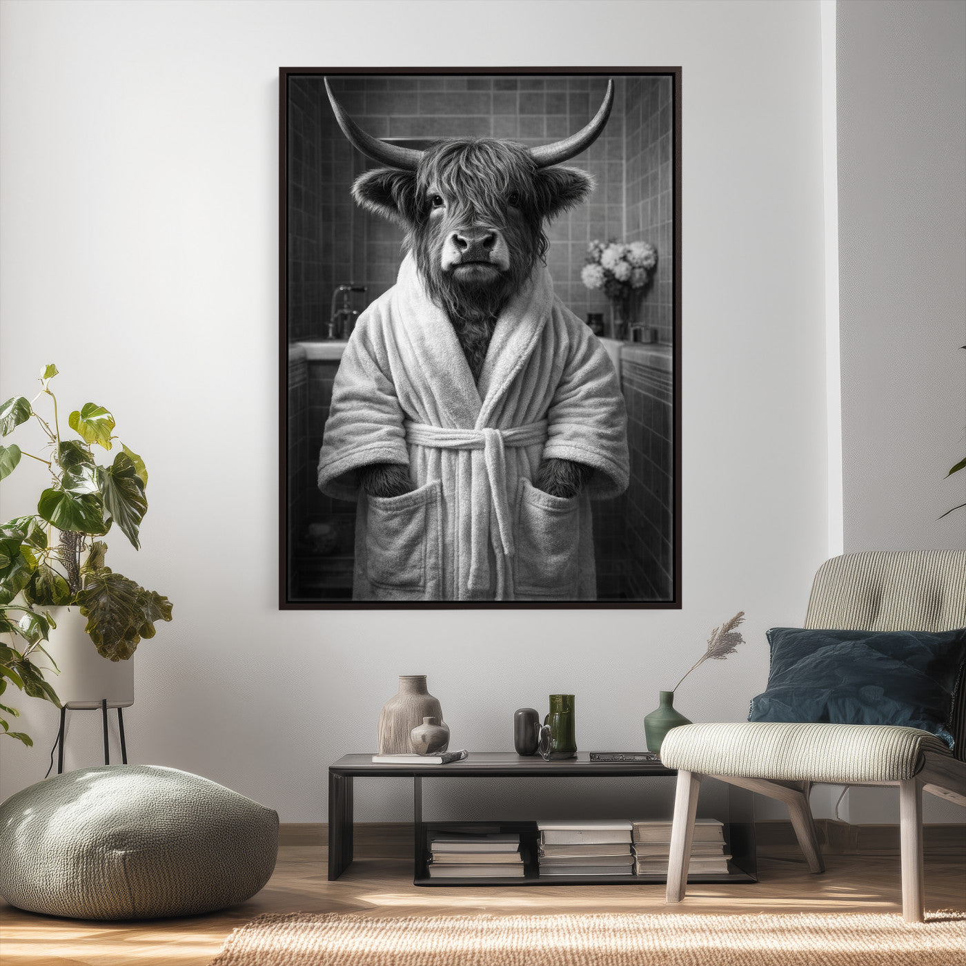 98453723-MGV-CV-24X36 - Funny Bathroom Wall Art Canvas Print, Highland Cow in Bathrobe, Black and White Humor Decor, Animal Bathroom Print, Farmhouse Bathroom Art