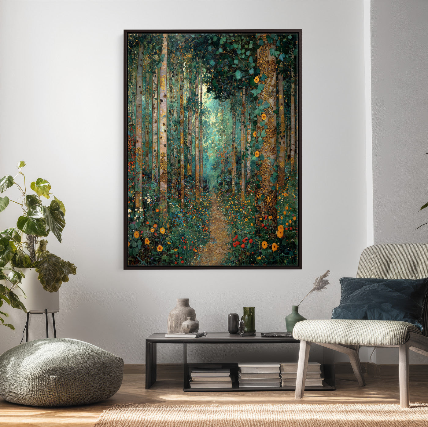 76587981-MGV-CV-24X36 - Gustav Klimt Style Forest Canvas Wall Art, Golden Forest Path Floral Art Nouveau Print, Enchanted Woodland Decor, Maximalist Colorful Nature Art