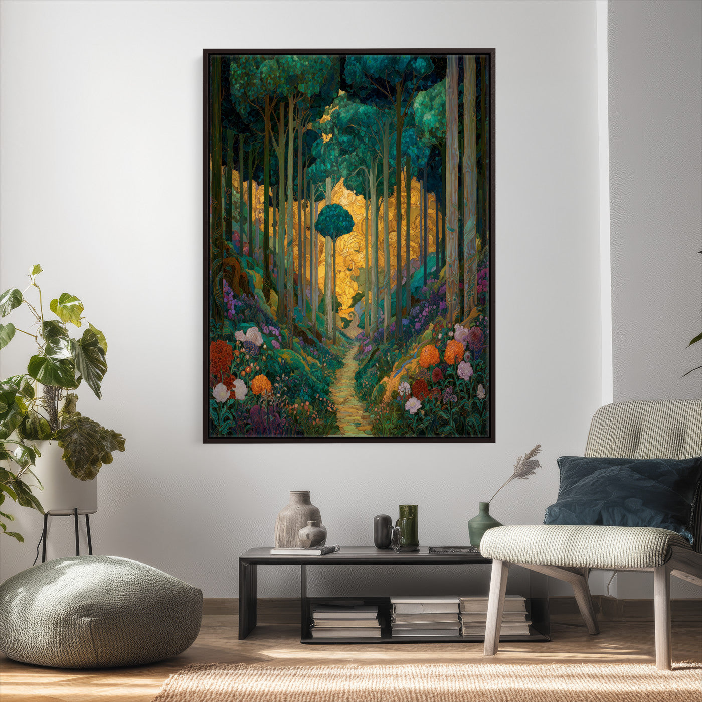 70159913-MGV-CV-24X36 - Gustav Klimt Style Forest Canvas Wall Art, Golden Forest Path Floral Art Nouveau Print, Enchanted Woodland Decor, Maximalist Colorful Nature Art