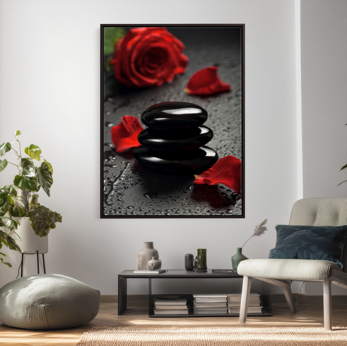 37334763-MGV-CV-24X36 - Black Lava Stone Rose Canvas | Red Rose Spa Photography Print | Stacked Stones Dark Luxury Wall Art | Dramatic Bathroom Decor