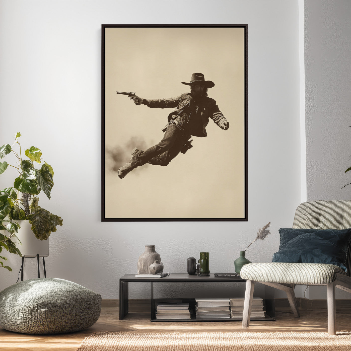 11948430CW-MGV-CV-24X36 - Cowboy Canvas Wall Art, Western Gunslinger Sepia Photo Print, Vintage Rustic Man Cave Decor, Wild West Cinematic Art, Living Room Wall Art