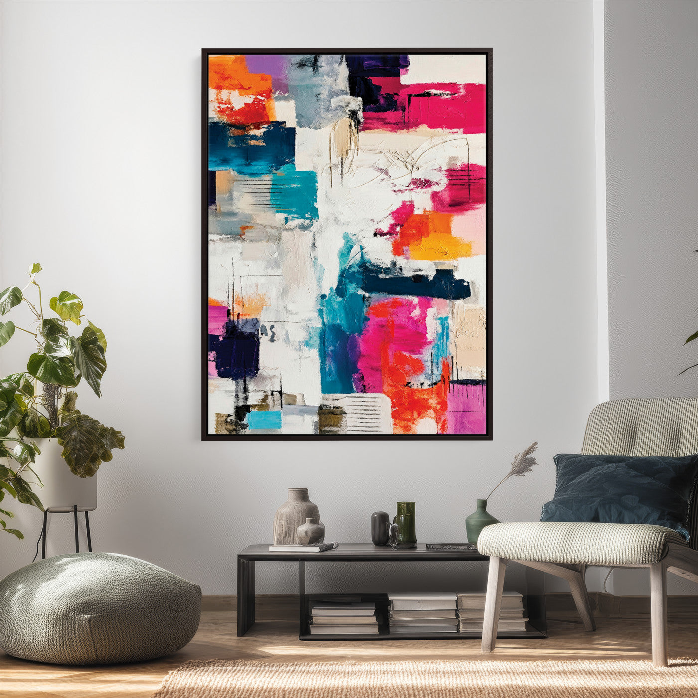 83175929-MGV-CV-24X36 - Blue Teal Abstract Canvas Wall Art Print - Modern Textured Painting Print, Navy Orange White Contemporary Art, Neutral Living Room Decor, Office Art