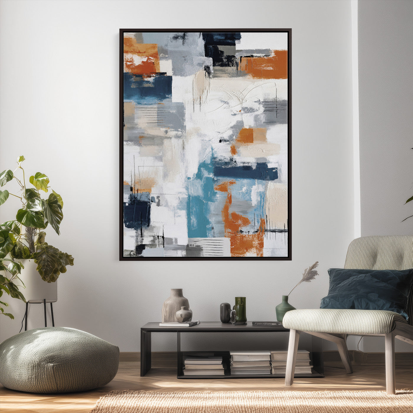 39825760-MGV-CV-24X36 - Blue Teal Abstract Canvas Wall Art, Modern Textured Painting Print, Navy Orange White Contemporary Art, Neutral Living Room Decor, Office Art