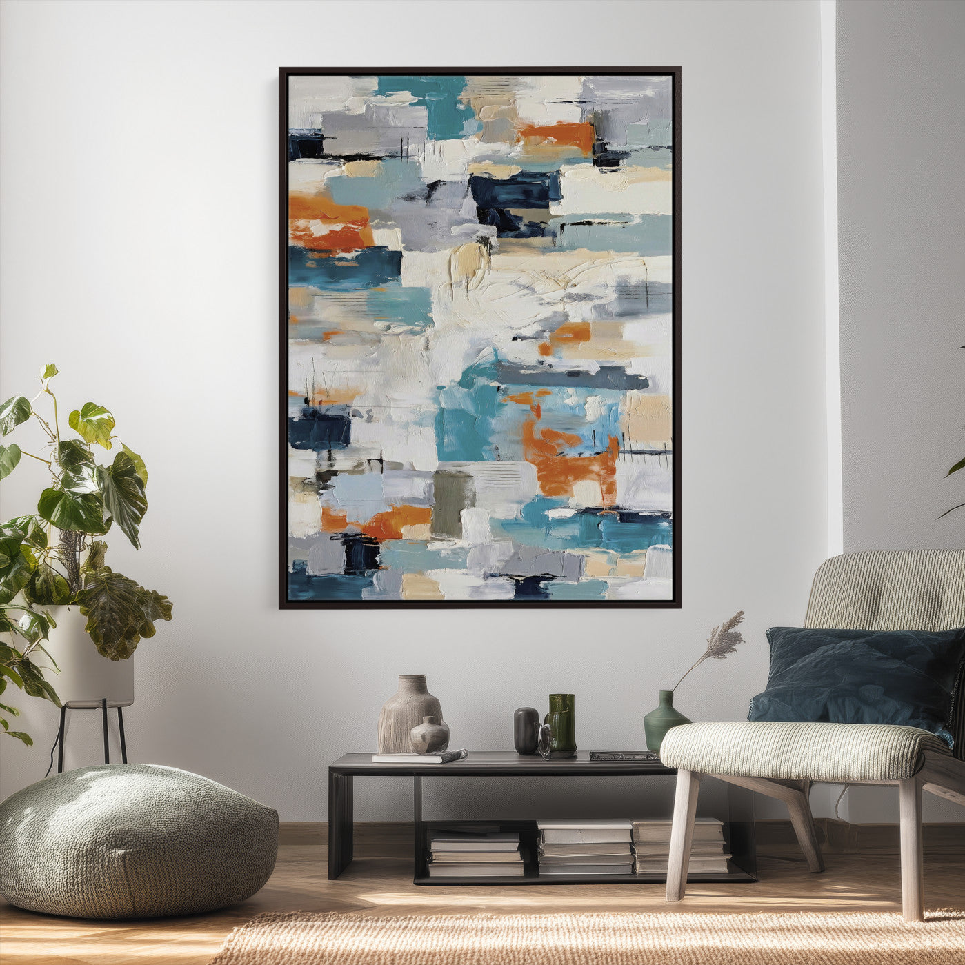 74742966-MGV-CV-24X36 - Blue Teal Abstract Canvas Wall Art, Modern Textured Painting Print, Navy Orange White Contemporary Art, Neutral Living Room Decor, Office Art