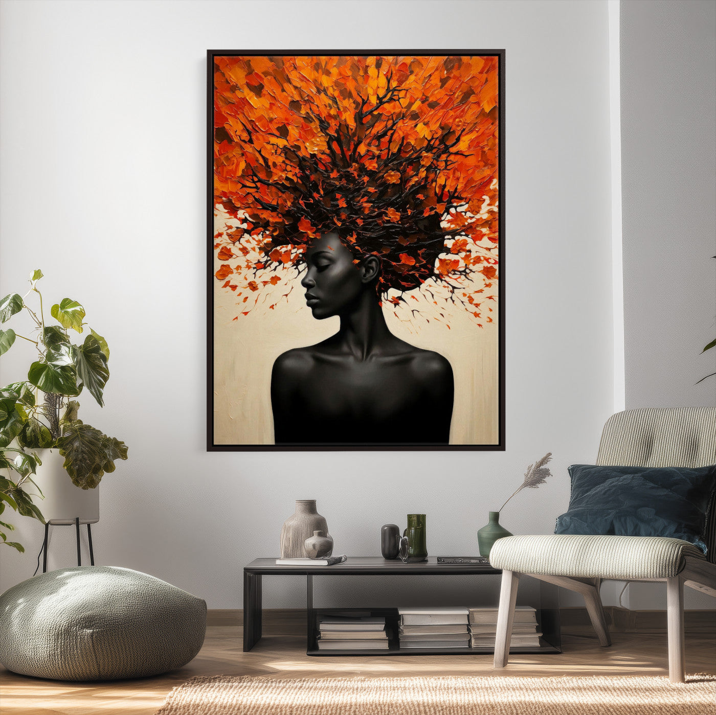 99995103-MGV-CV-24X36 - Black Woman Autumn Tree Canvas Wall Art Surreal African Portrait Painting Print