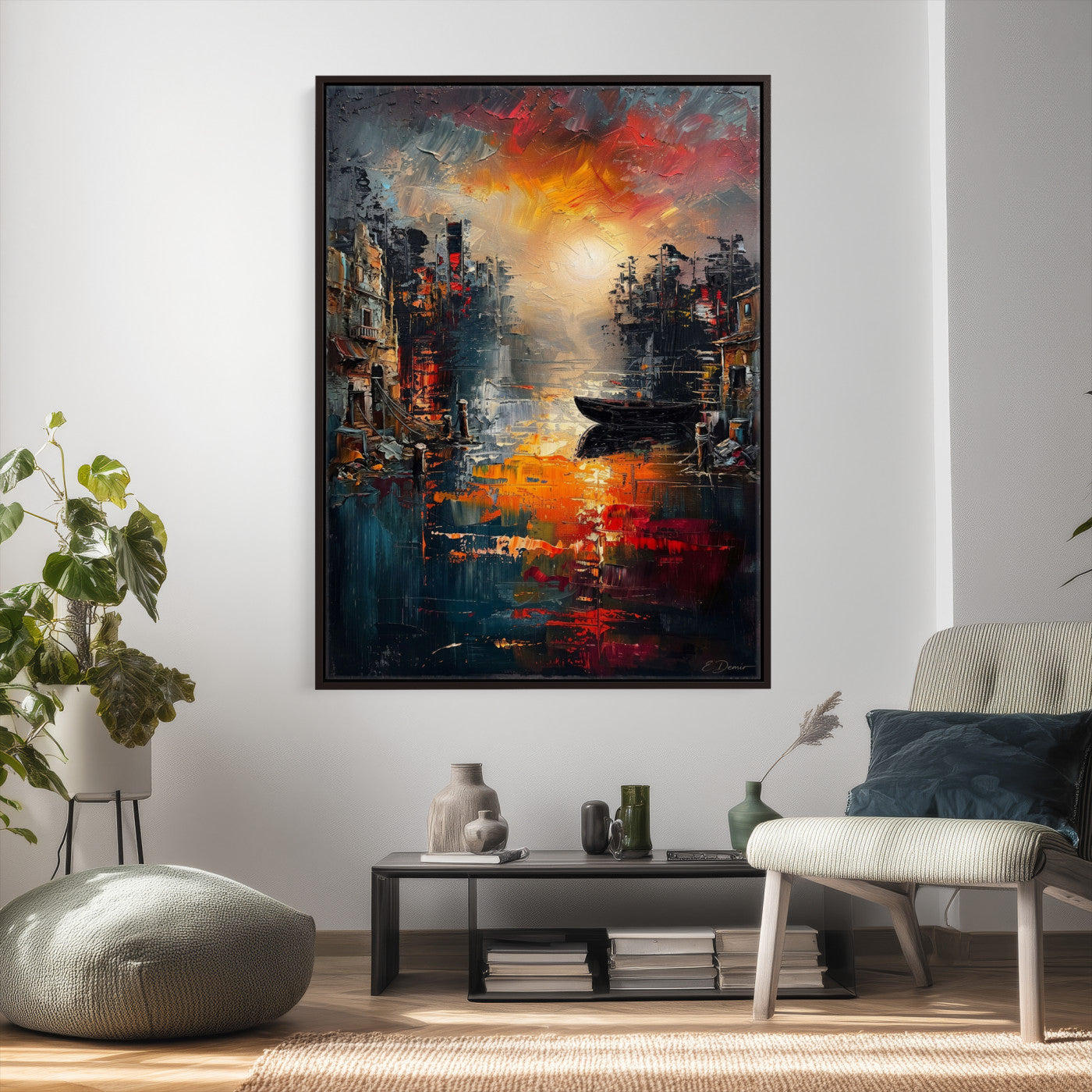 16611381-MGV-CV-24X36 - Vibrant Sunset Harbor Canvas Wall Art Abstract Cityscape Oil Painting Print