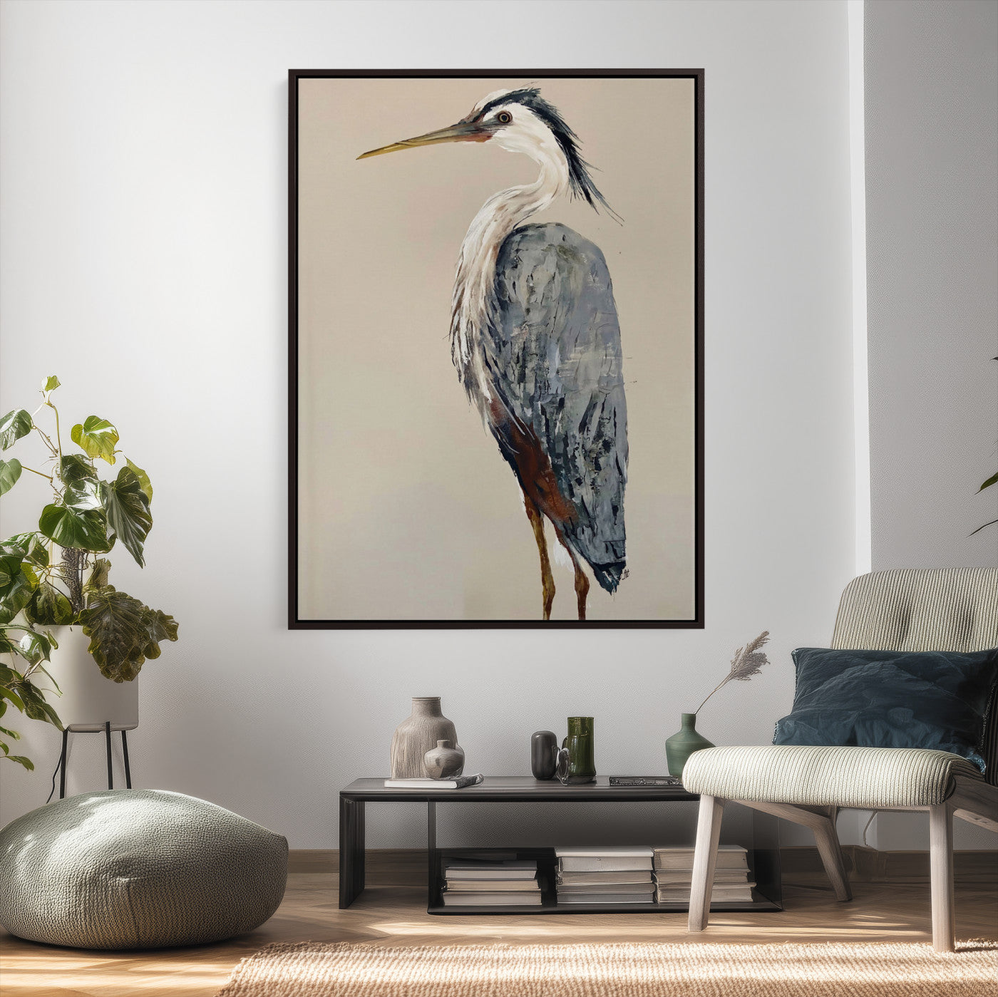 80349996-MGV-TP-24X36 - Great Blue Heron Canvas Wall Art - Coastal Bird Oil Painting Print for Home Wall Decor