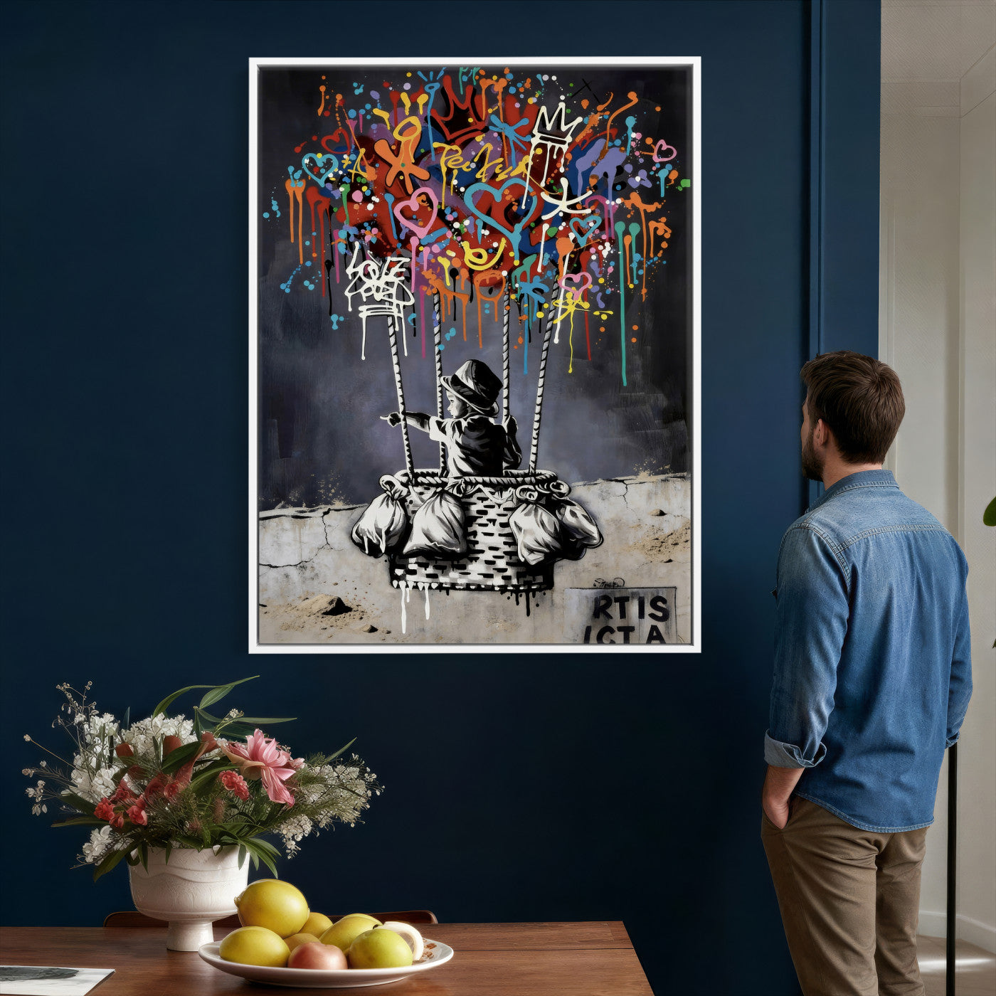 56325542-MGV-CV-24X36 - Banksy Inspired Boy Swing Wall Art Canvas Print, Graffiti Balloon Hearts Street Art, Colorful Urban Mural Artwork for Modern Living Room Decor