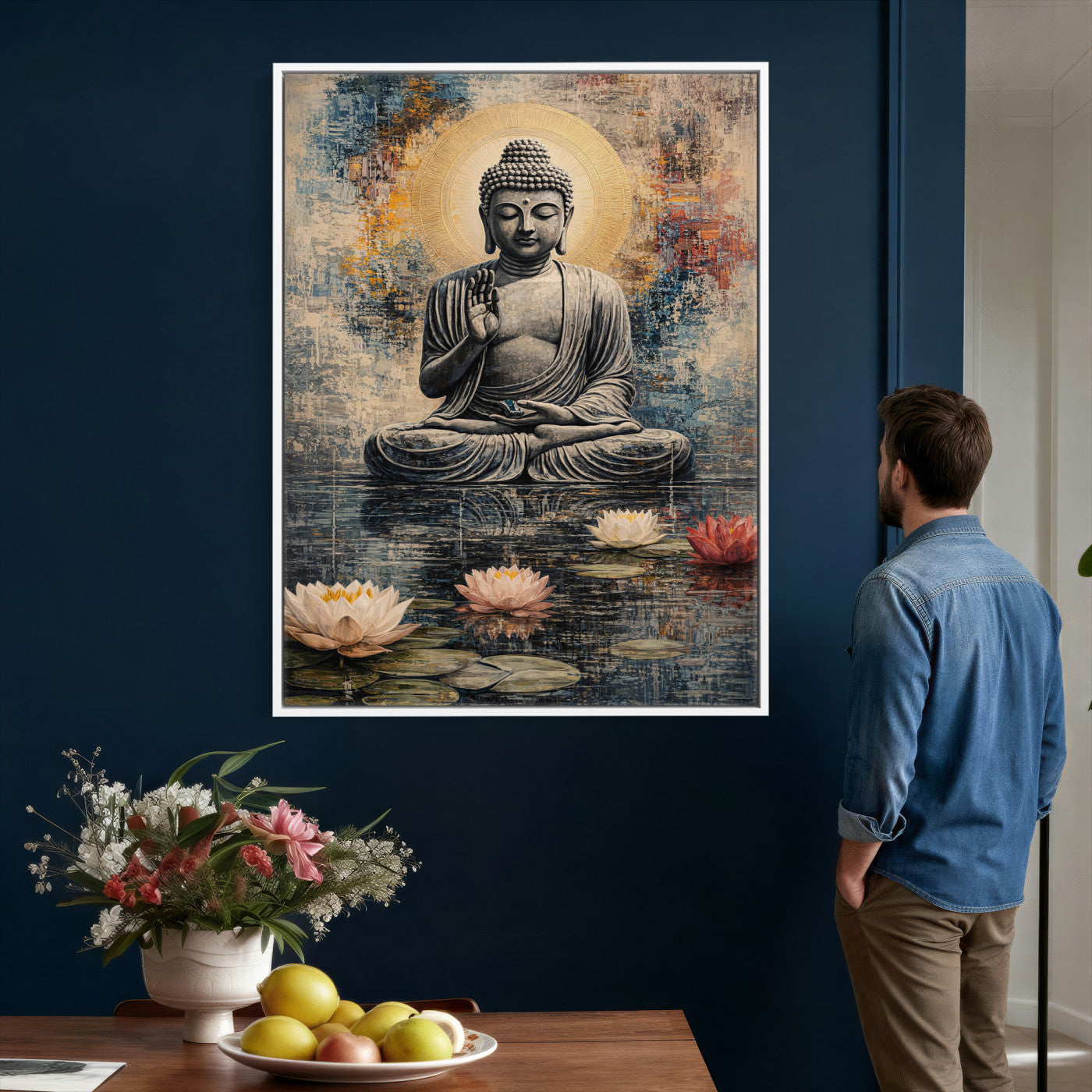 3812625445543-MGV-CV-24X36 - Serene Buddha with Lotus Flowers | Tranquil Meditation Art | Zen Wall Decor for Mindful Living Spaces | Spiritual Canvas Print