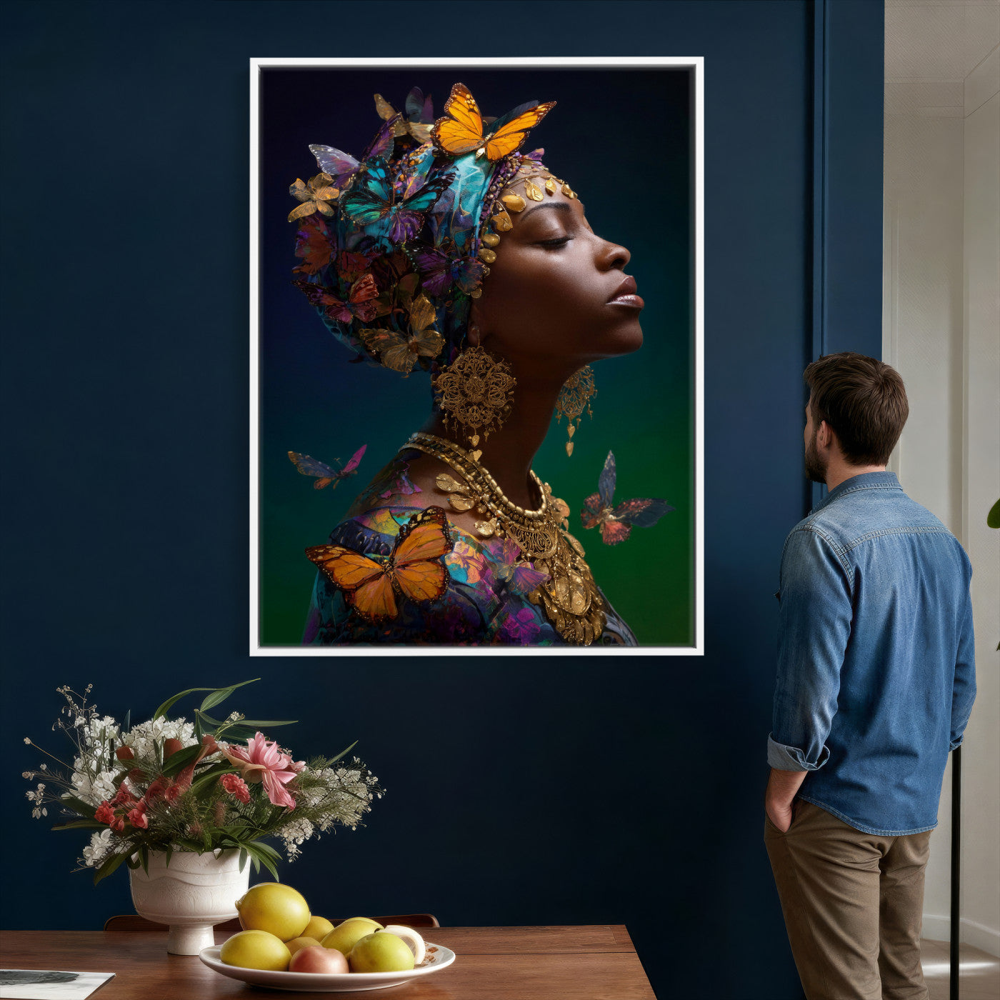 620930SZC0-MGV-CV-24X36 - Butterfly Crown Gold Woman Portrait — Monarch Queen Canvas Print | Teal Dark Fantasy Art | Boho Bedroom Wall Decor | Empowerment Gift Her