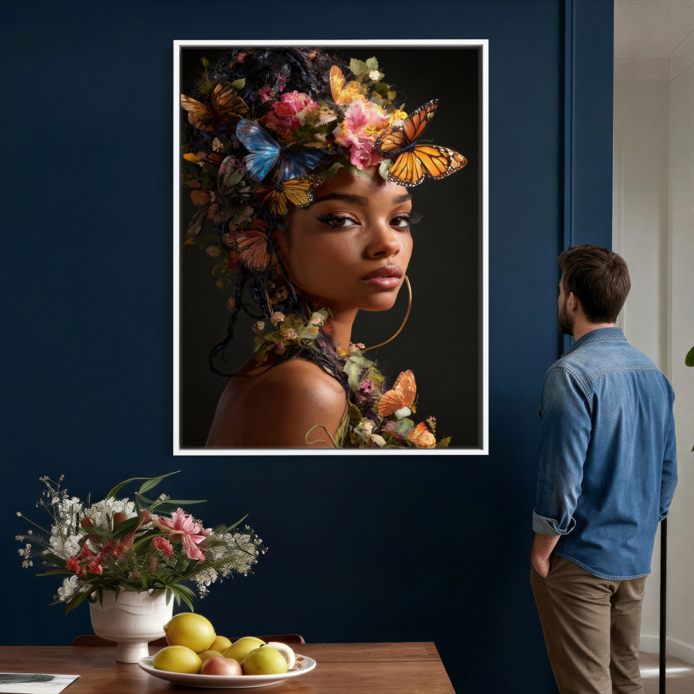 620930SZC10-MGV-CV-24X36 - Butterfly Crown Gold Woman Portrait — Monarch Queen Canvas Print | Teal Dark Fantasy Art | Boho Bedroom Wall Decor | Empowerment Gift Her