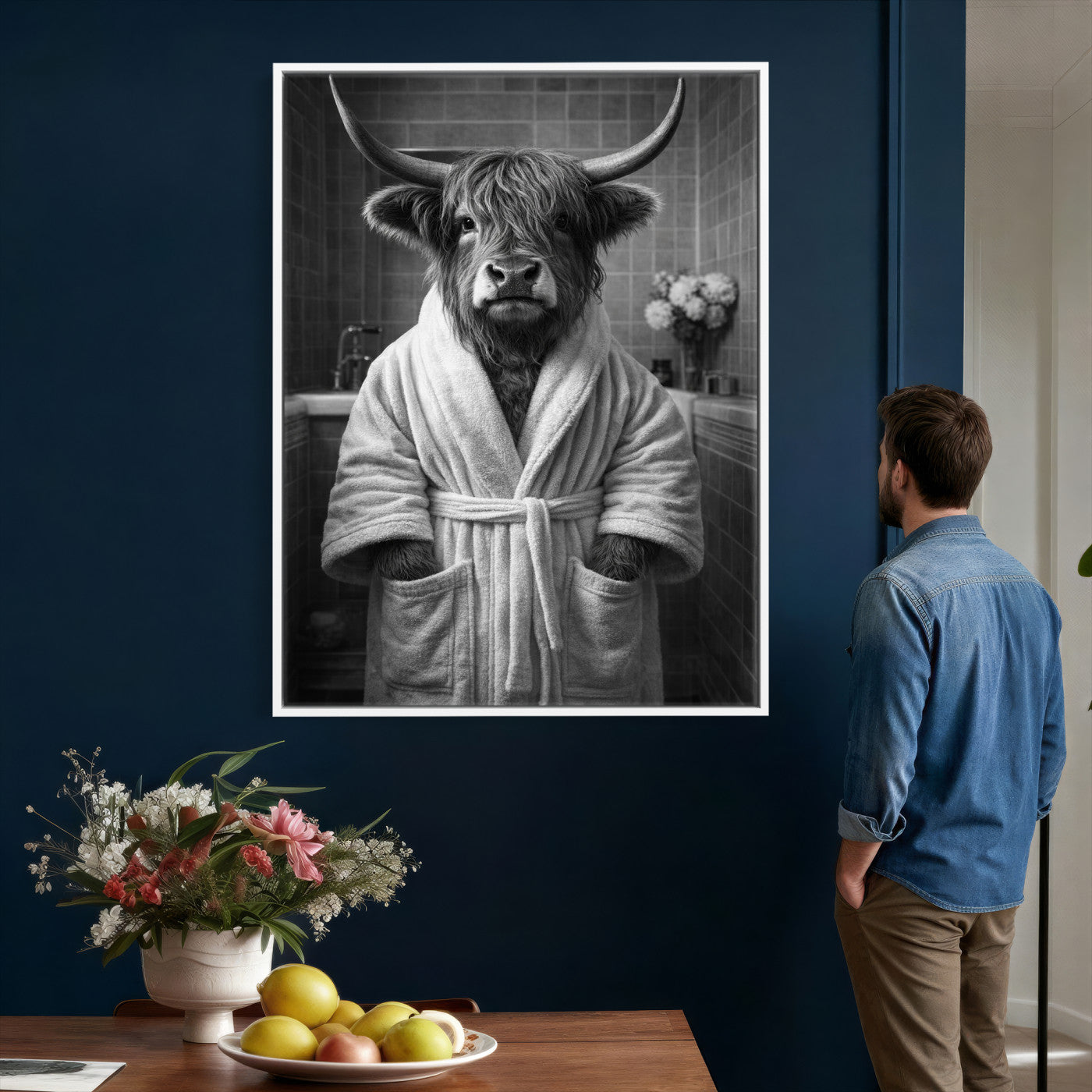 98453723-MGV-CV-24X36 - Funny Bathroom Wall Art Canvas Print, Highland Cow in Bathrobe, Black and White Humor Decor, Animal Bathroom Print, Farmhouse Bathroom Art