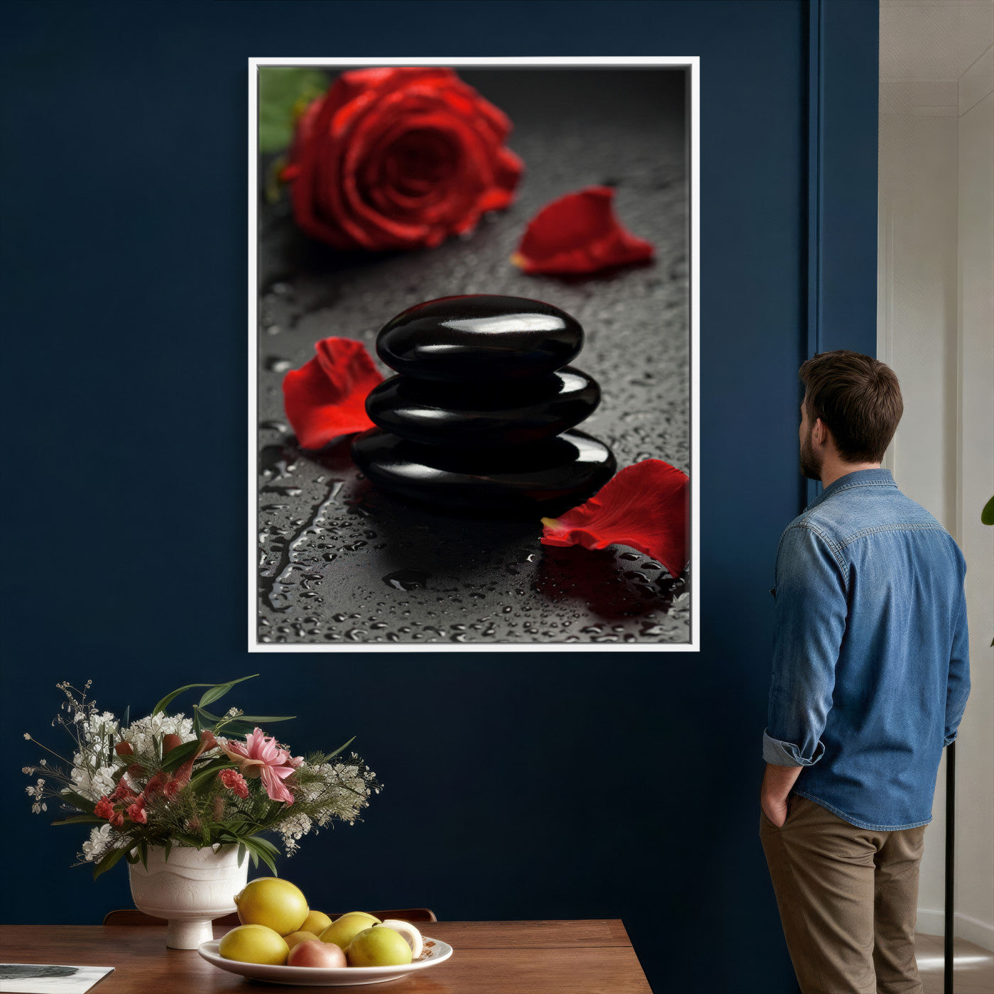 37334763-MGV-CV-24X36 - Black Lava Stone Rose Canvas | Red Rose Spa Photography Print | Stacked Stones Dark Luxury Wall Art | Dramatic Bathroom Decor