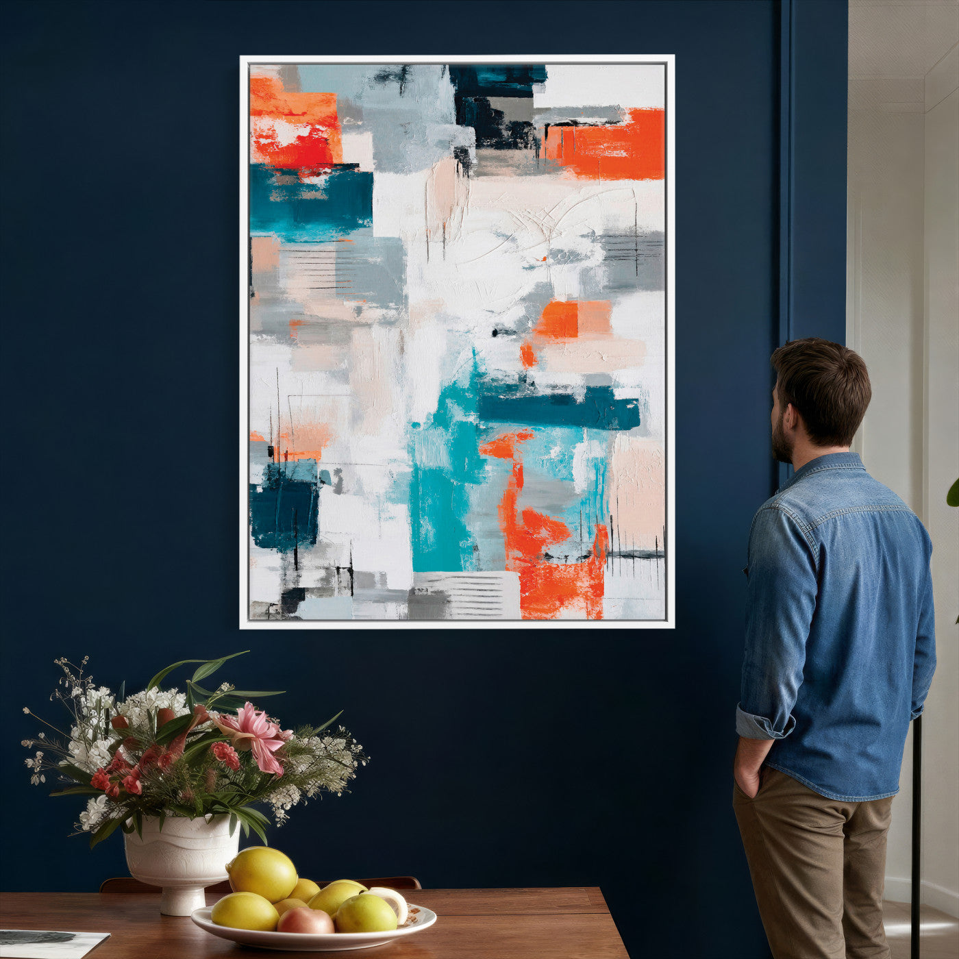 39825760-MGV-CV-24X36 - Blue Teal Abstract Canvas Wall Art - Modern Textured Painting Print, Navy Orange White Contemporary Art, Neutral Living Room Decor, Office Art