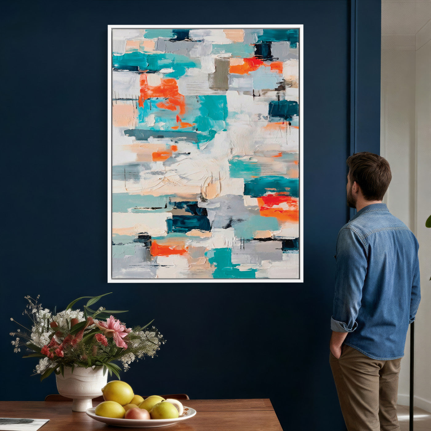 74742966-MGV-CV-24X36 - Blue Teal Abstract Canvas Wall Art - Modern Textured Painting Print, Navy Orange White Contemporary Art, Neutral Living Room Decor, Office Art