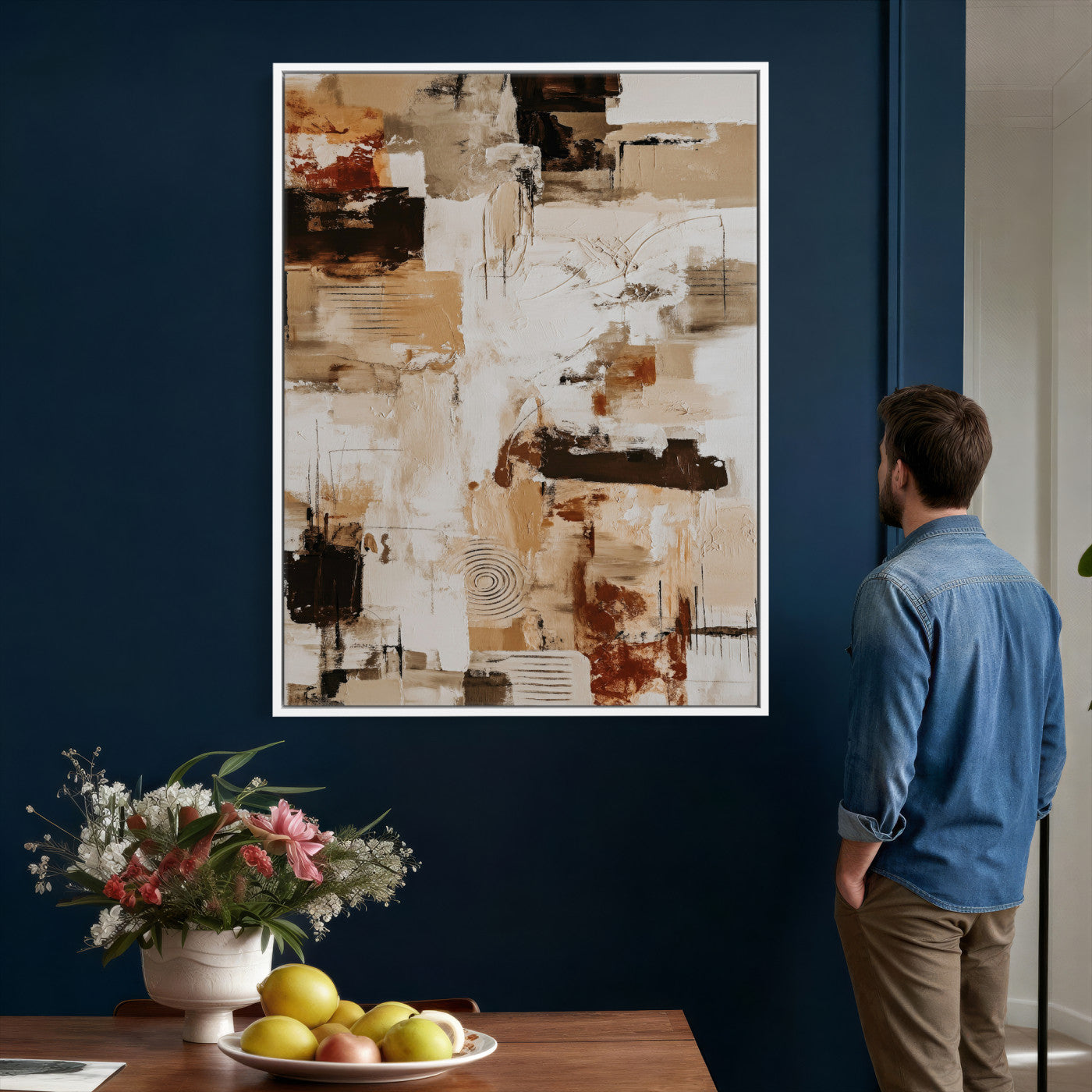90644187-MGV-CV-24X36 - Blue Teal Abstract Canvas Wall Art | Modern Textured Painting Print, Navy Orange White Contemporary Art - Neutral Living Room Decor, Office Art