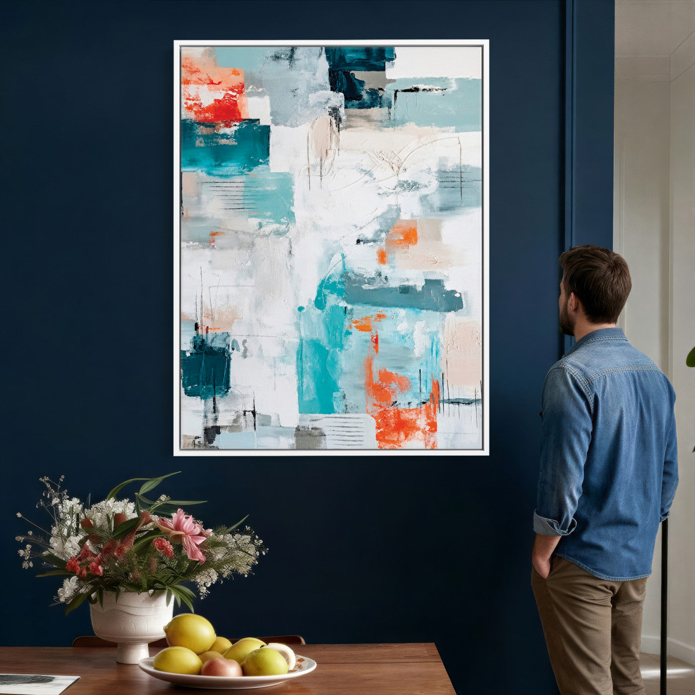 47011485-MGV-CV-24X36 - Blue Teal Abstract Canvas Wall Art, Modern Textured Painting Print, Navy Orange White Contemporary Art, Neutral Living Room Decor, Office Art