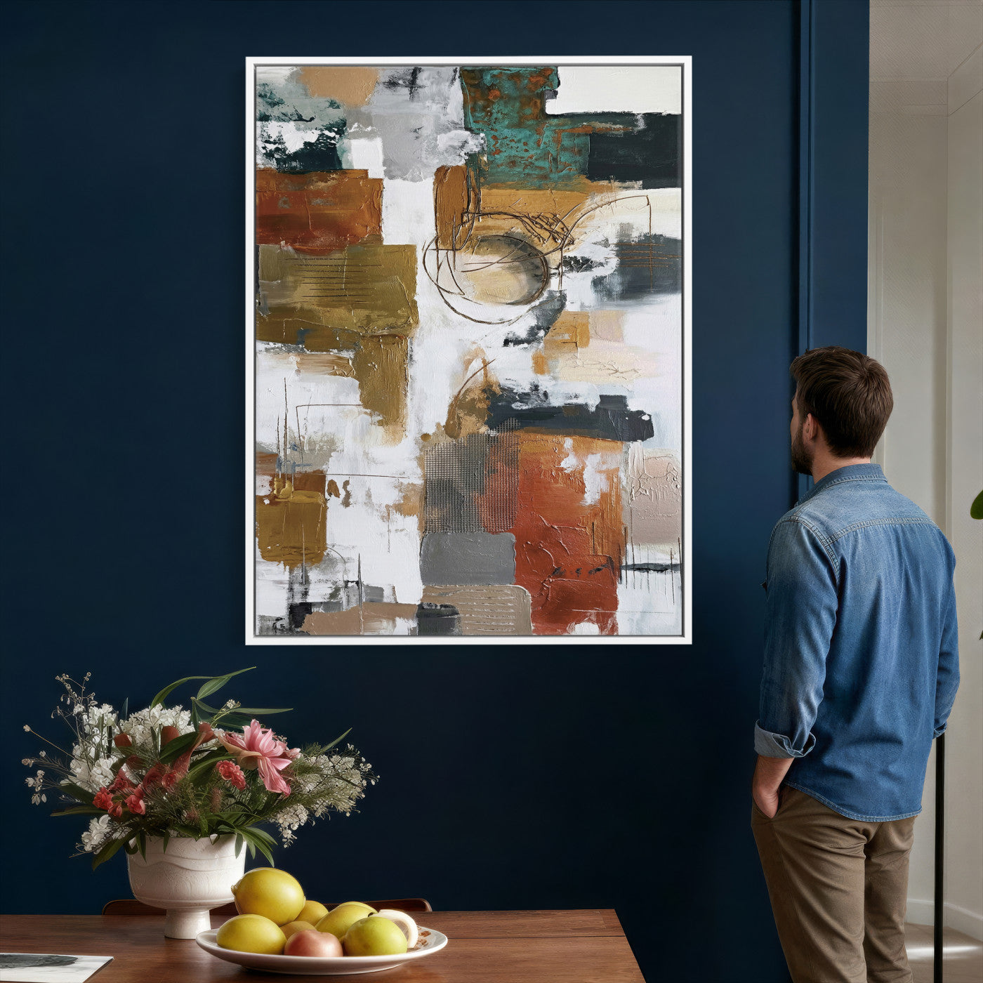 71530836-MGV-CV-24X36 - Blue Teal Abstract Canvas Wall Art, Modern Textured Painting Print, Navy Orange White Contemporary Art, Neutral Living Room Decor, Office Art