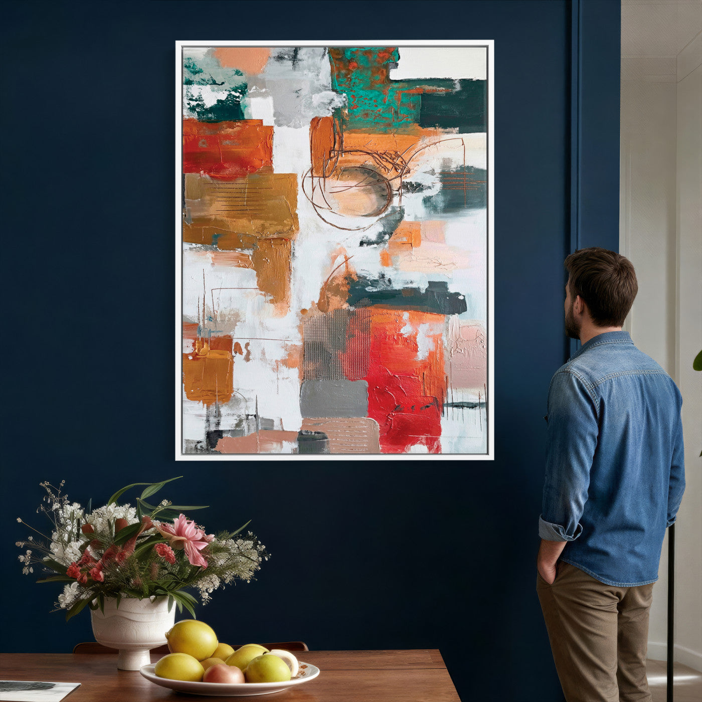71530836-MGV-CV-24X36 - Blue Teal Abstract Canvas Wall Art | Modern Textured Painting Print, Navy Orange White Contemporary Art, Neutral Living Room Decor, Office Art