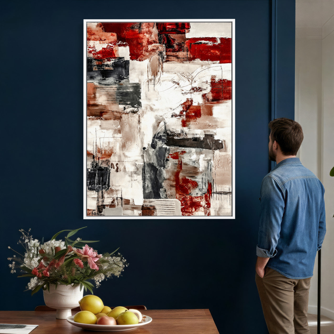 23953633-MGV-CV-24X36 - Blue Teal Abstract Canvas Wall Art | Modern Textured Painting Print, Navy Orange White Contemporary Art, Neutral Living Room Decor, Office Art