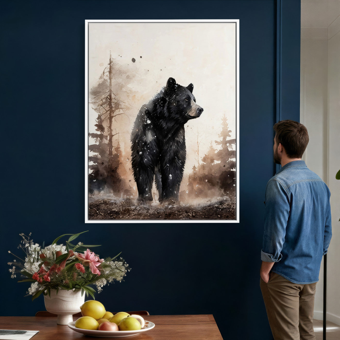 17399305-MGV-CV-24X36 - Black Bear Canvas Wall Art Winter Forest Watercolor Painting Print
