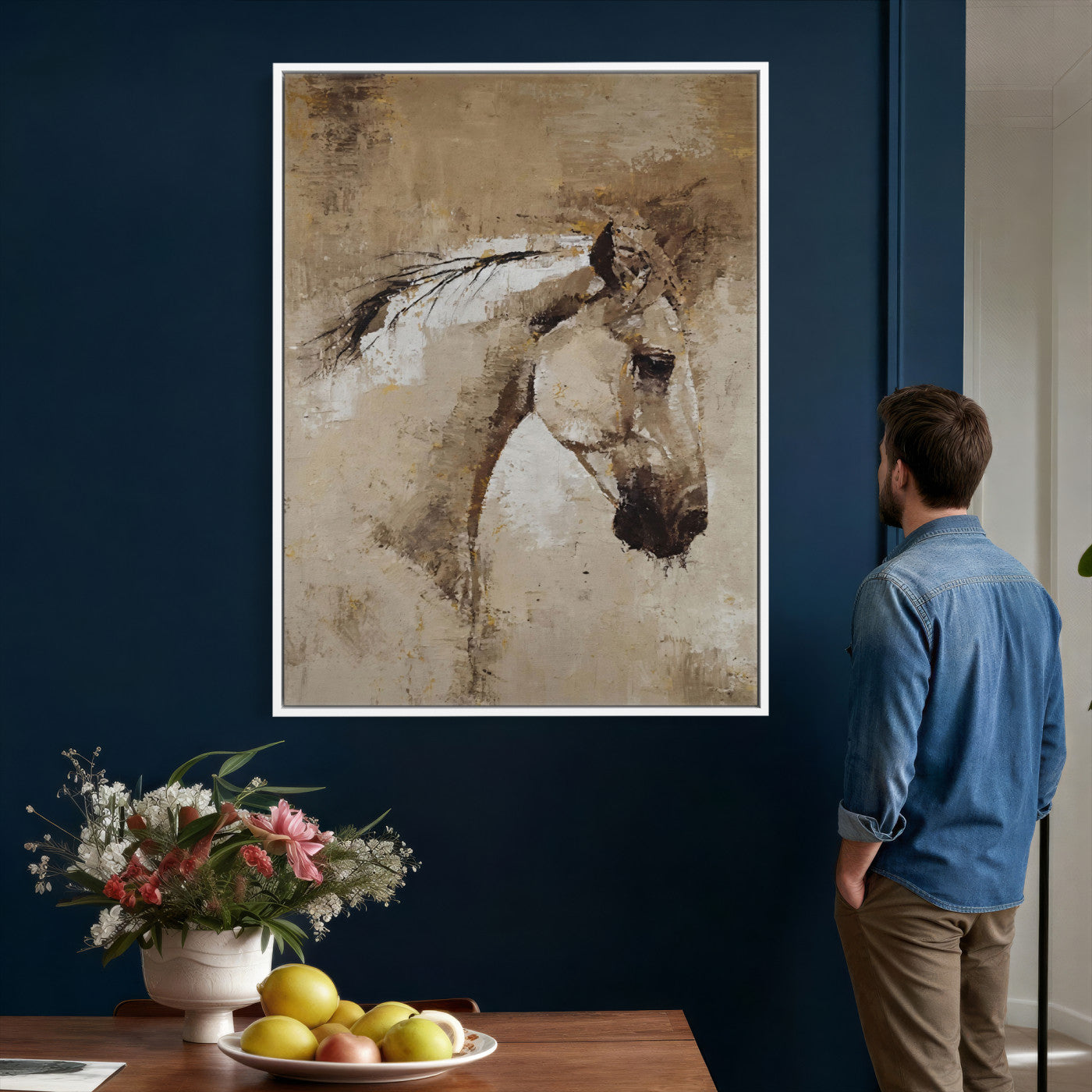48488295-MGV-CV-24X36 - Rustic Horse Canvas Wall Art Neutral Tone Equestrian Oil Painting Print