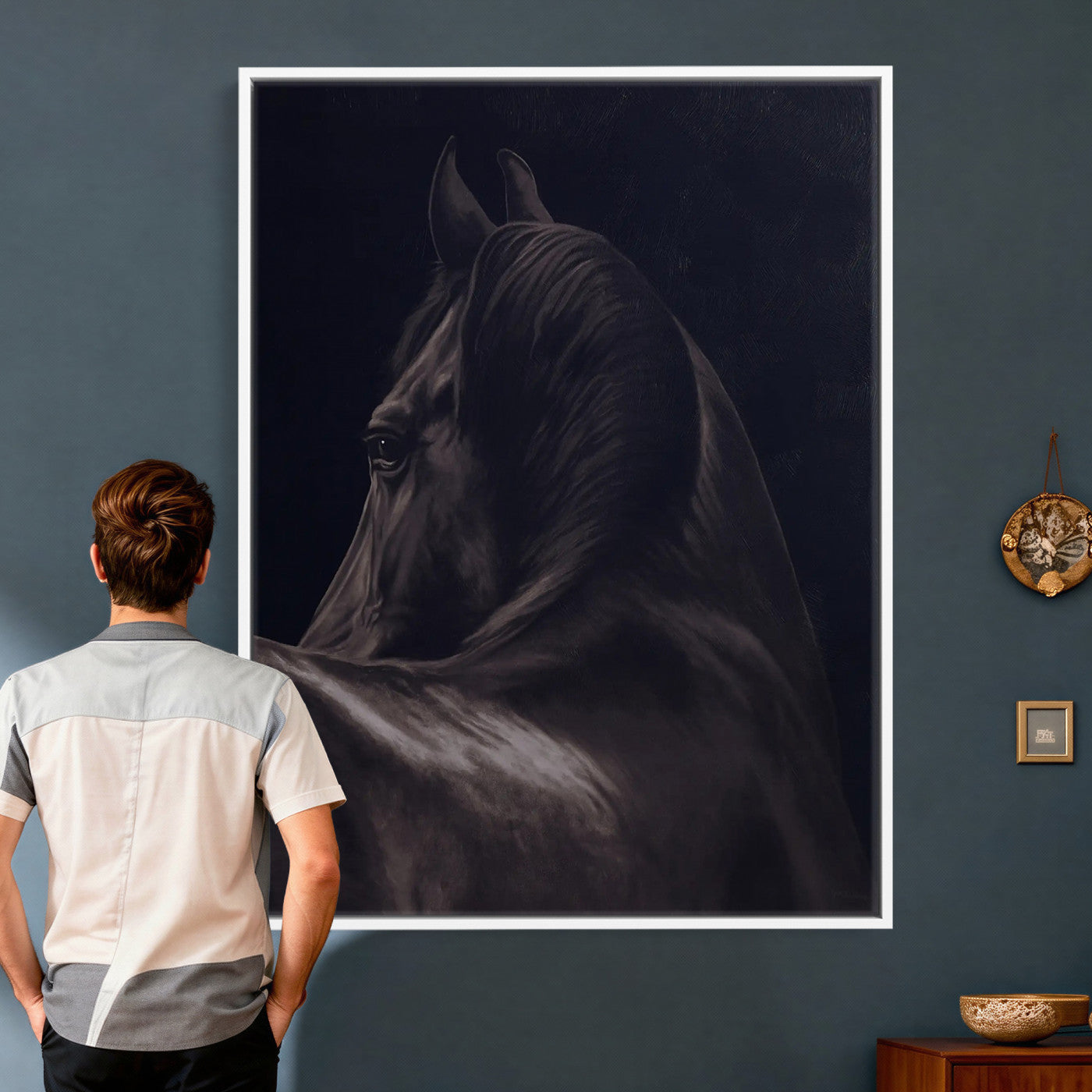 77538596-MGV-CV-24X36 - Dark Horse Wall Art – Majestic Silhouette Canvas Print, Sleek Mane, Graceful Strength, Elegant Equine Form, Timeless Beauty Decor for Home or Office