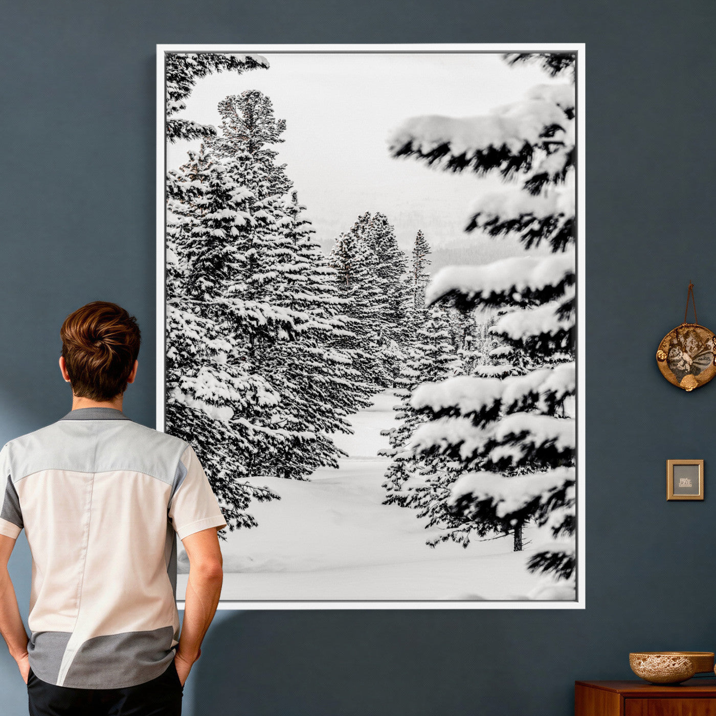 42534505-MGV-CV-24X36 - Snowy Pine Forest Wall Art Canvas Print, Minimal Winter Woodland Landscape, Black and White Nature Artwork