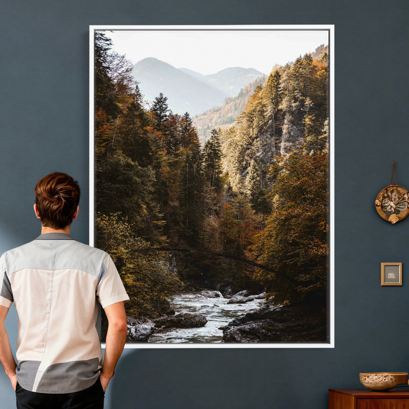 73651627-MGV-CV-24X36 - Autumn Forest Mountain Wall Art Canvas Print, Nature Landscape Wall Decor, Scenic River Forest Artwork, Rustic Woodland Canvas Wall Art, Framed Canvas Wall Art Ready to Hangq