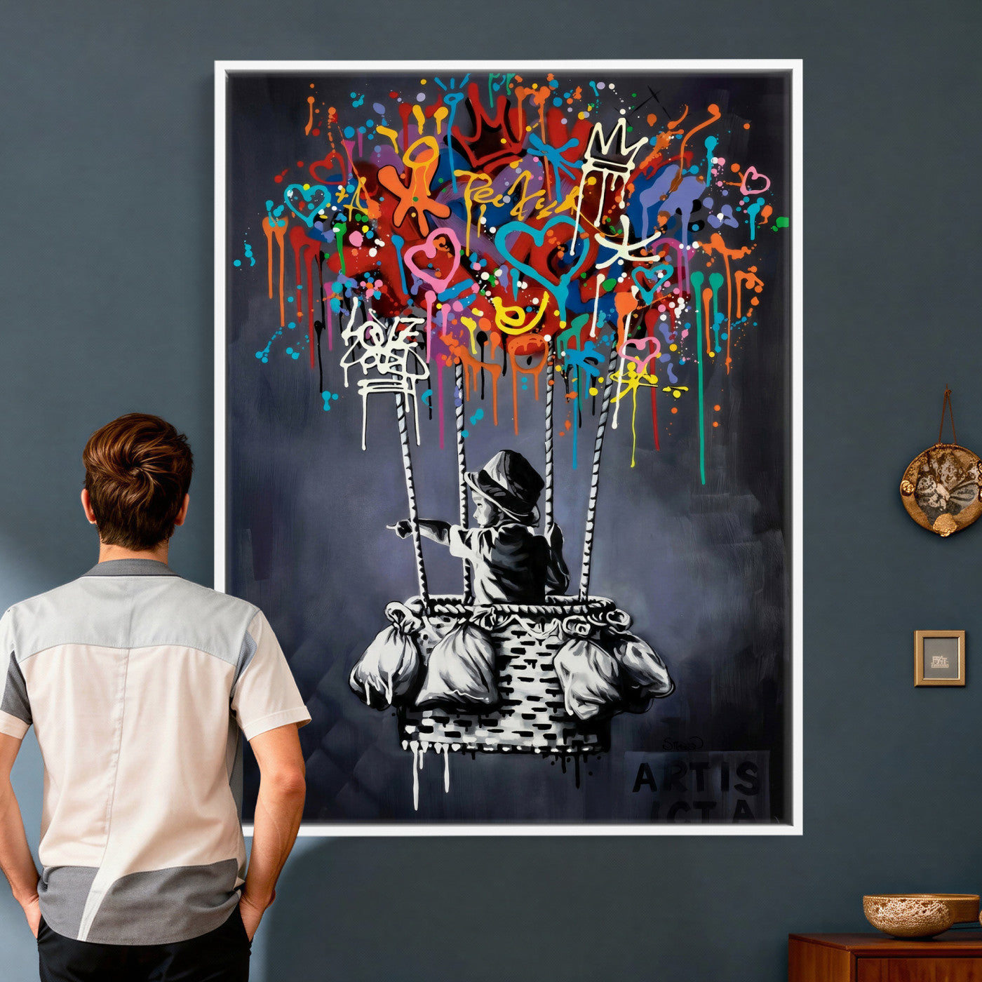 87352999-MGV-CV-24X36 - Banksy Inspired Boy Swing Wall Art Canvas Print, Graffiti Balloon Hearts Street Art, Colorful Urban Mural Artwork for Modern Living Room Decor