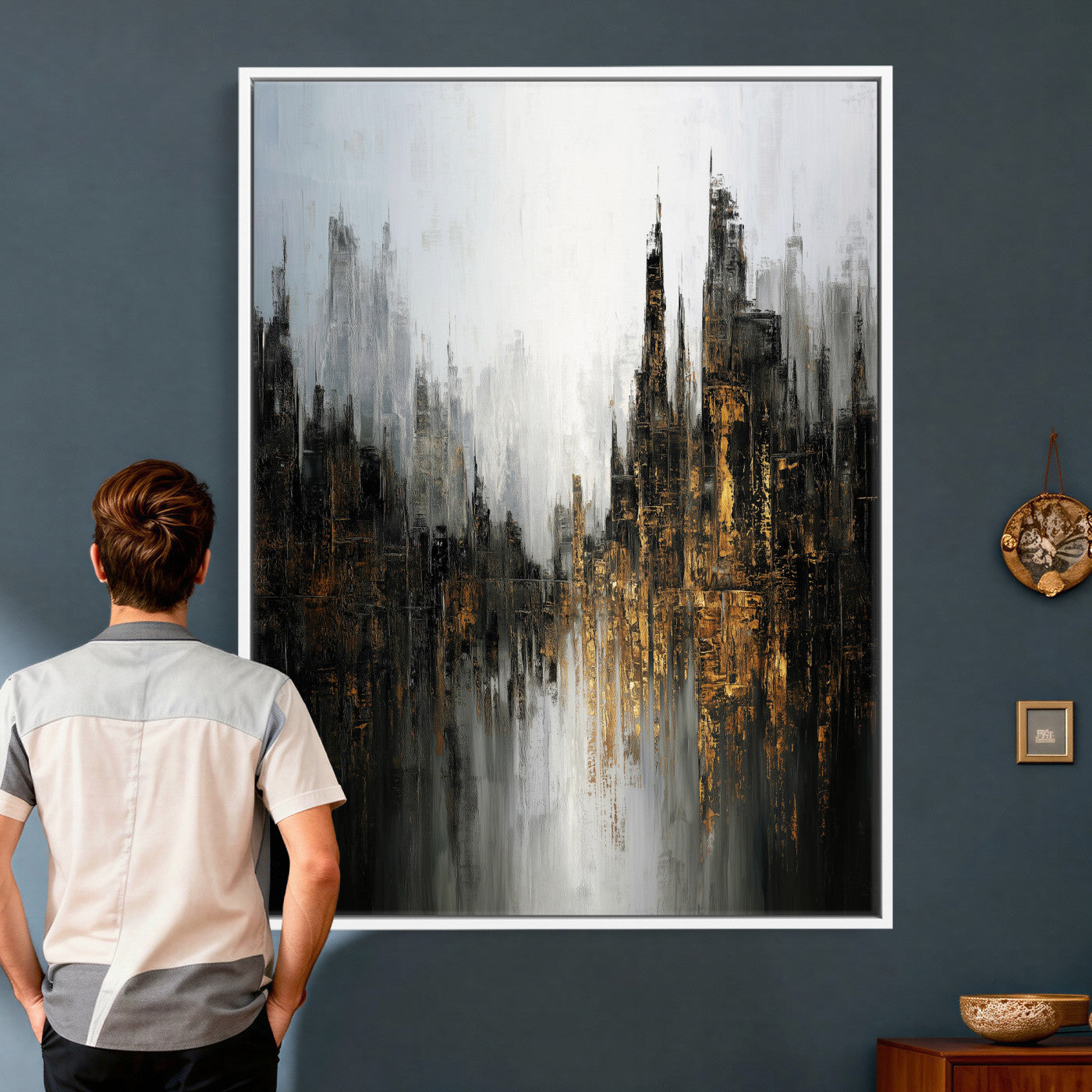 39629486-MGV-CV-24X36 - Abstract Urban Reflection Wall Art Canvas Print, Gold Black Modern Architecture Canvas Print, Contemporary Moody City Artwork for Living Room Decor
