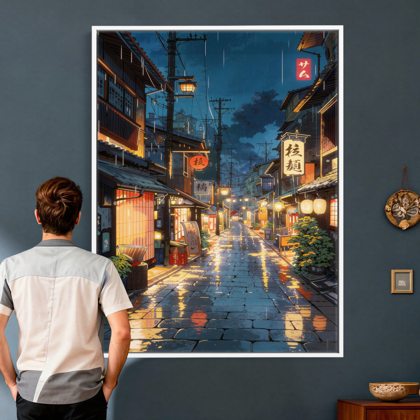 4712069J1-MGV-CV-24X36 - Tokyo Tea House Canvas Wall Art — Japan Rainy Night Street Print | Anime Style Decor | Japanese Tea House Art | Tokyo City Gift