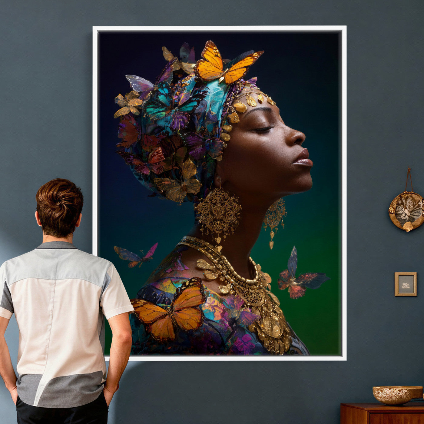 620930SZC0-MGV-CV-24X36 - Butterfly Crown Gold Woman Portrait — Monarch Queen Canvas Print | Teal Dark Fantasy Art | Boho Bedroom Wall Decor | Empowerment Gift Her