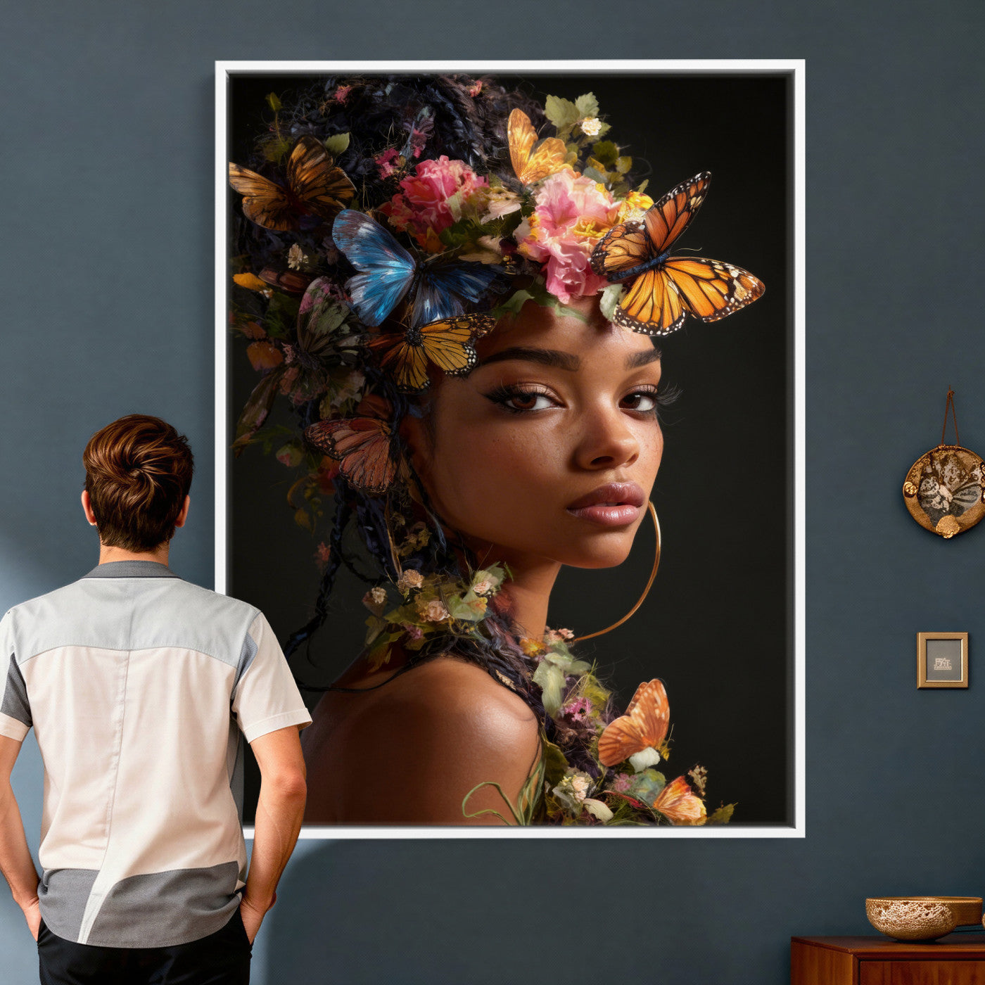 620930SZC10-MGV-CV-24X36 - Butterfly Crown Gold Woman Portrait — Monarch Queen Canvas Print | Teal Dark Fantasy Art | Boho Bedroom Wall Decor | Empowerment Gift Her