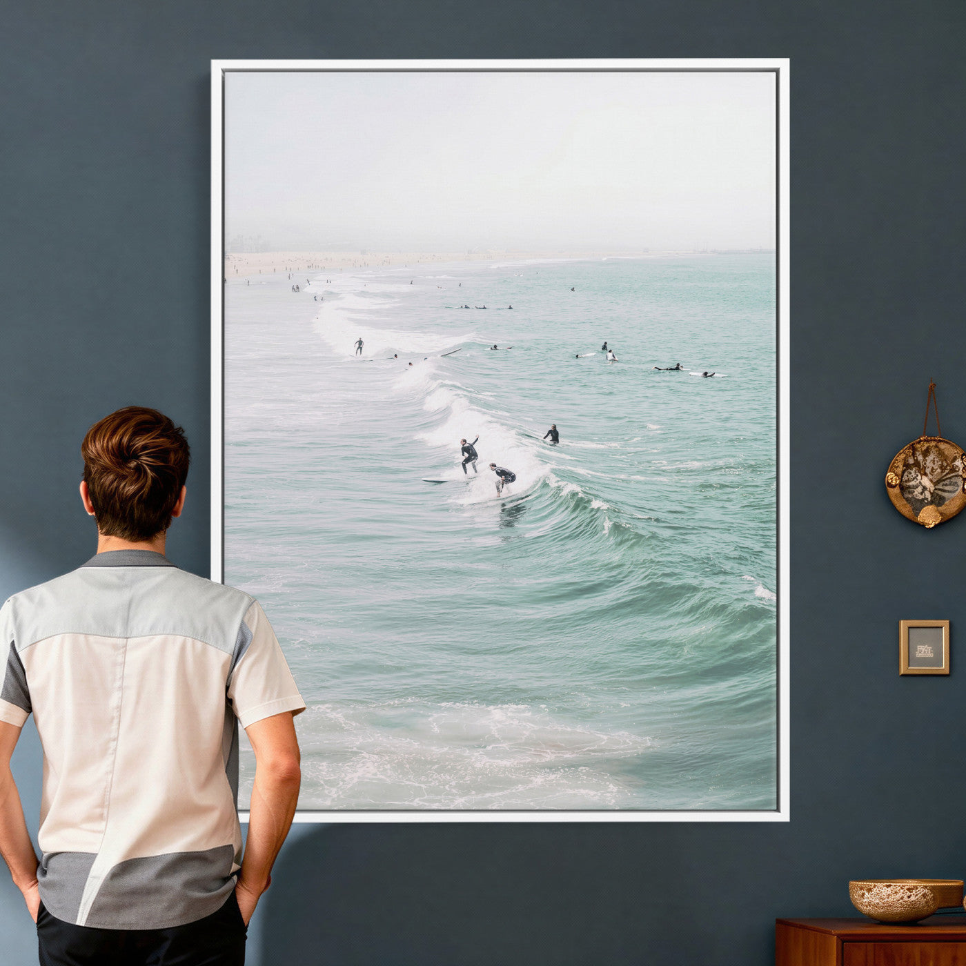 58043762-MGV-CV-24X36 - Surfers on Waves Canvas Wall Art, Aerial Ocean Photography Print, Mint Green Surf Decor, California Beach House Art, Coastal Sports Wall Decor