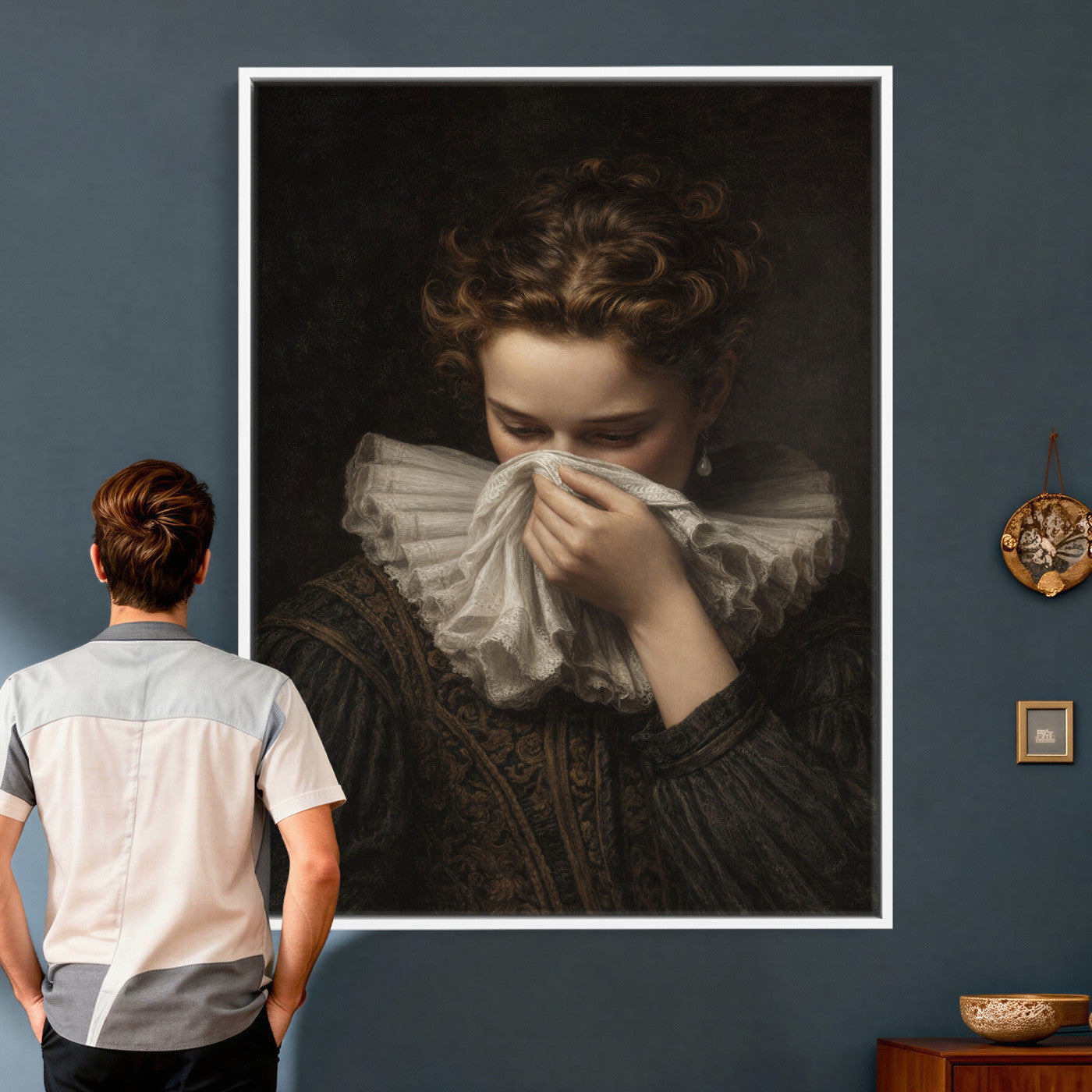 62652430-MGV-CV-24X36 - Baroque Portrait Canvas Wall Art, Flemish Woman with Lace Collar Print for Bathroom Wall Art, Funny Toilet Decor, Renaissance Style Portrait, Moody Vintage Wall Art
