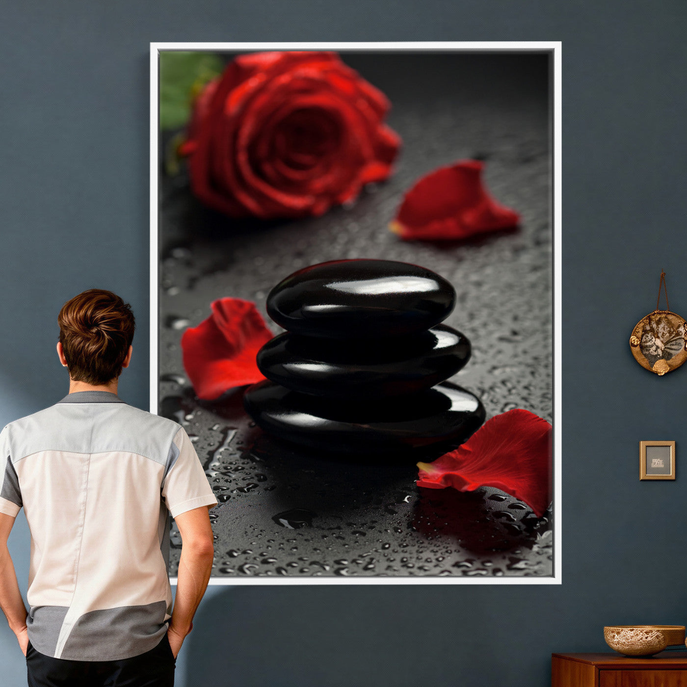 37334763-MGV-CV-24X36 - Black Lava Stone Rose Canvas | Red Rose Spa Photography Print | Stacked Stones Dark Luxury Wall Art | Dramatic Bathroom Decor