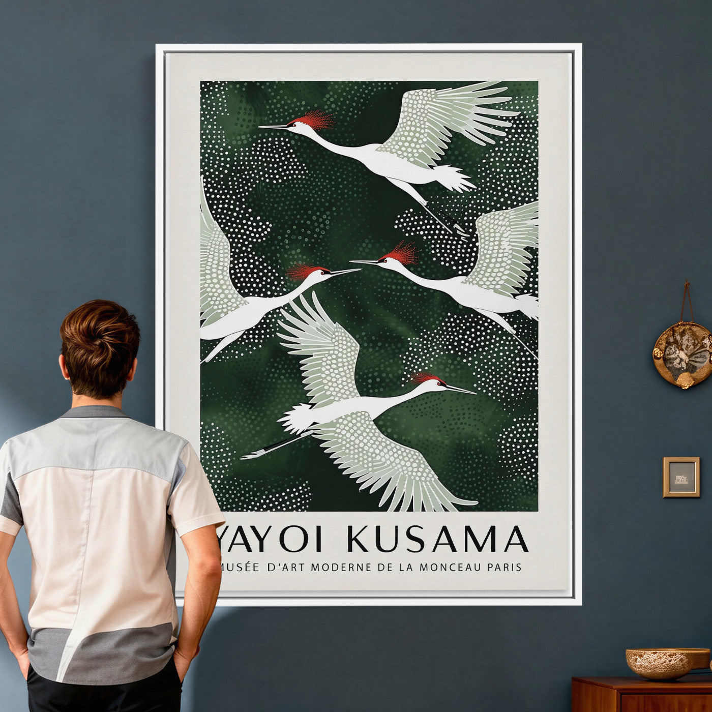 63036906-MGV-CV-24X36 - Yayoi Kusama Crane Bird Wall Art Canvas Print, Japanese Inspired Flying Heron Framed Artwork, Green Botanical Nature Decor for Living Room Bedroom Office