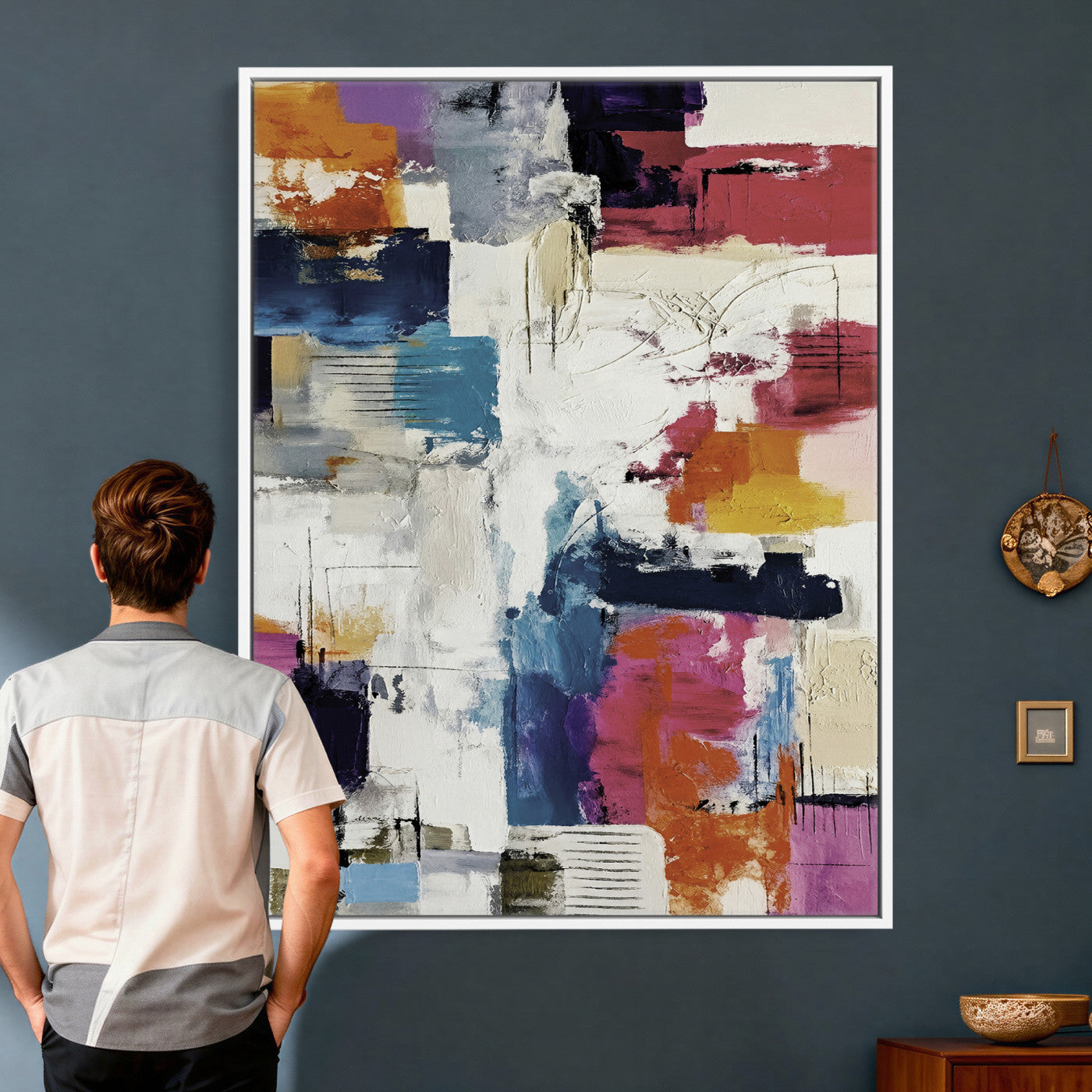 83175929-MGV-CV-24X36 - Blue Teal Abstract Canvas Wall Art, Modern Textured Painting Print, Navy Orange White Contemporary Art, Neutral Living Room Decor, Office Art