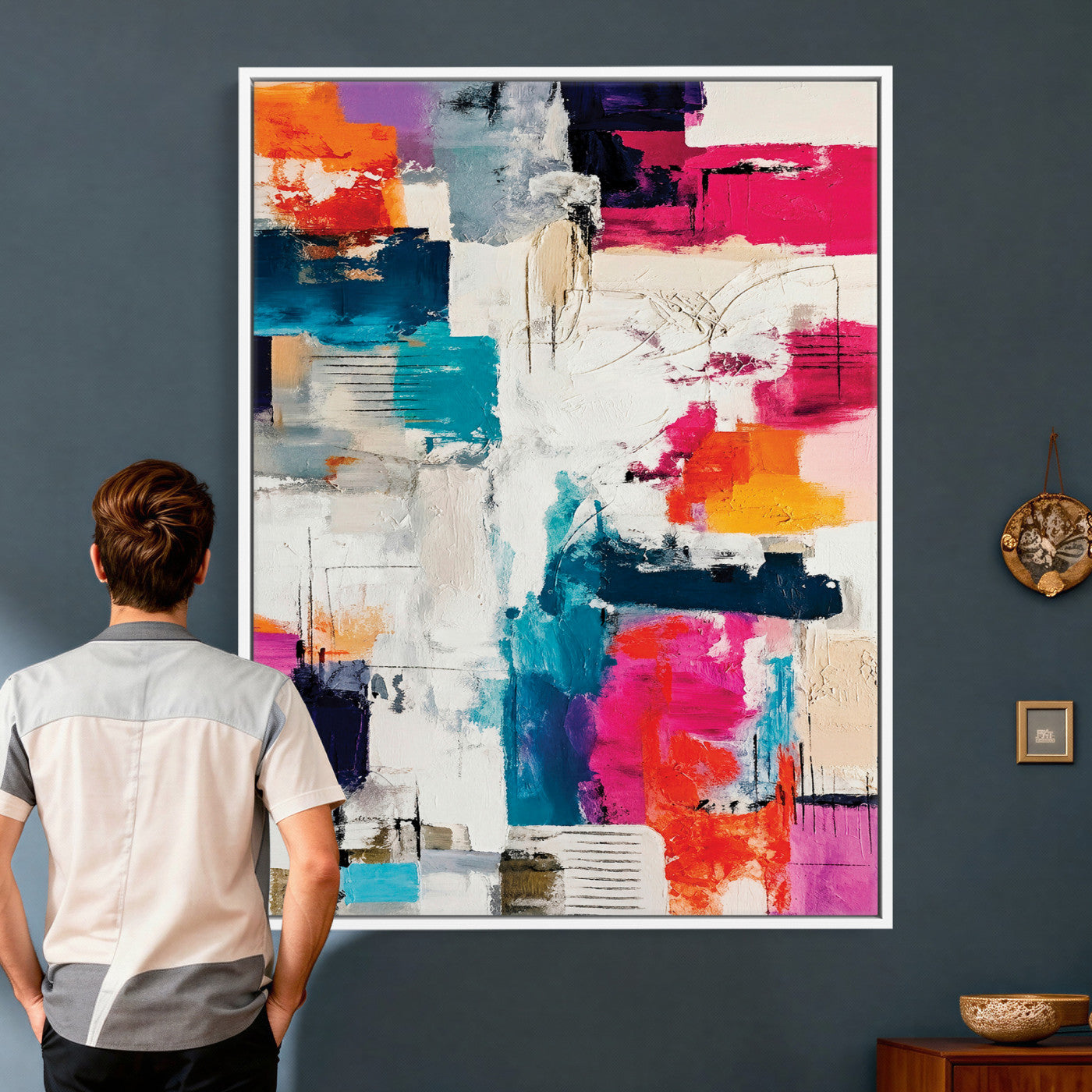 83175929-MGV-CV-24X36 - Blue Teal Abstract Canvas Wall Art Print - Modern Textured Painting Print, Navy Orange White Contemporary Art, Neutral Living Room Decor, Office Art