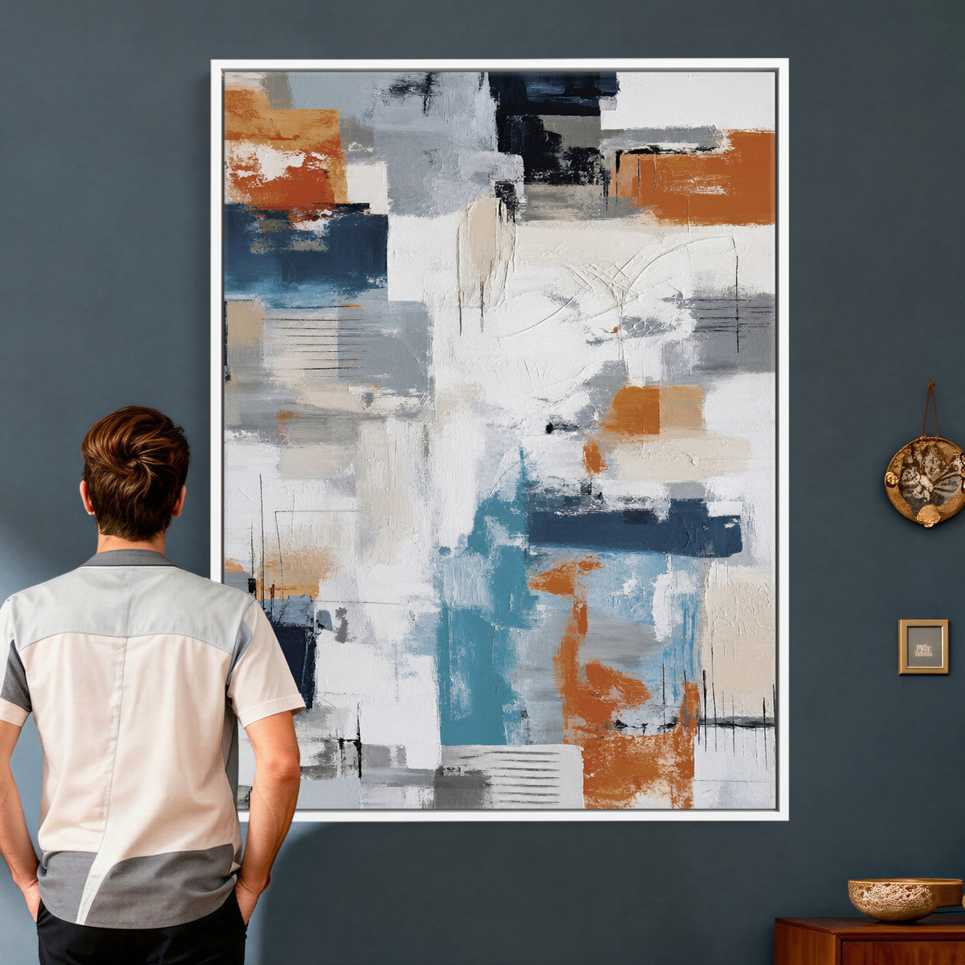39825760-MGV-CV-24X36 - Blue Teal Abstract Canvas Wall Art, Modern Textured Painting Print, Navy Orange White Contemporary Art, Neutral Living Room Decor, Office Art