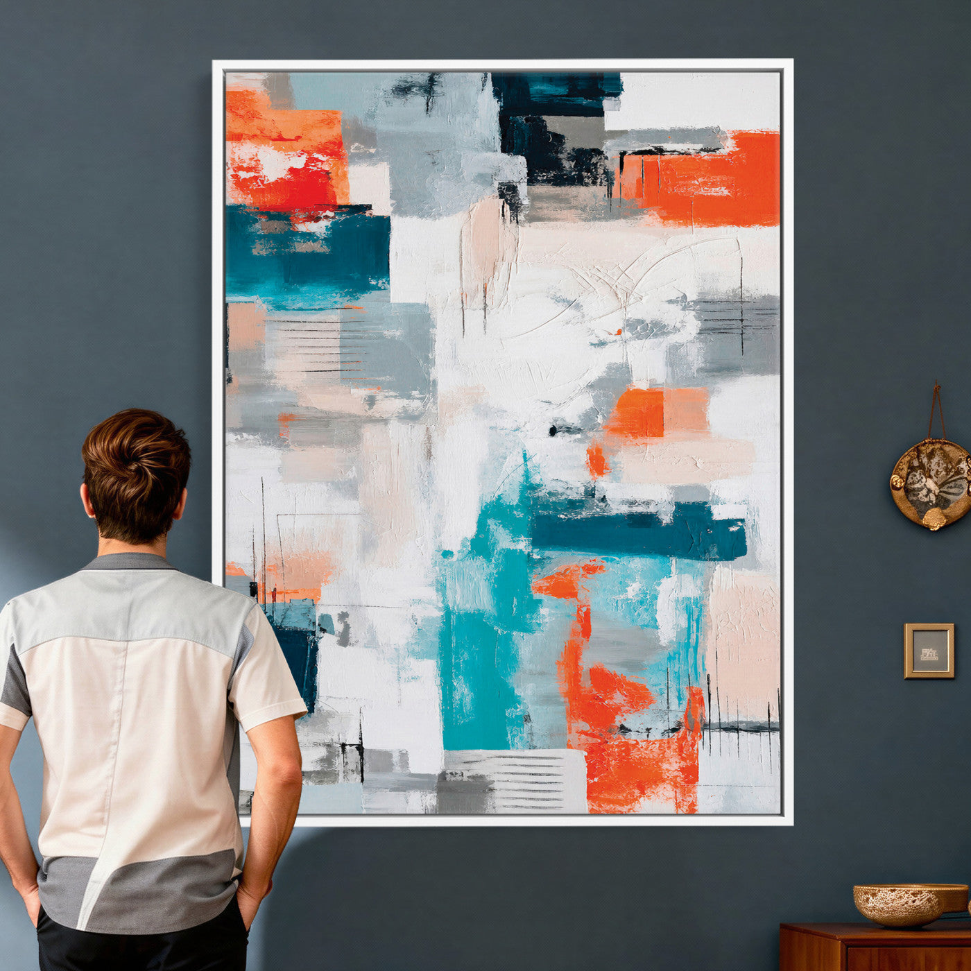 39825760-MGV-CV-24X36 - Blue Teal Abstract Canvas Wall Art - Modern Textured Painting Print, Navy Orange White Contemporary Art, Neutral Living Room Decor, Office Art