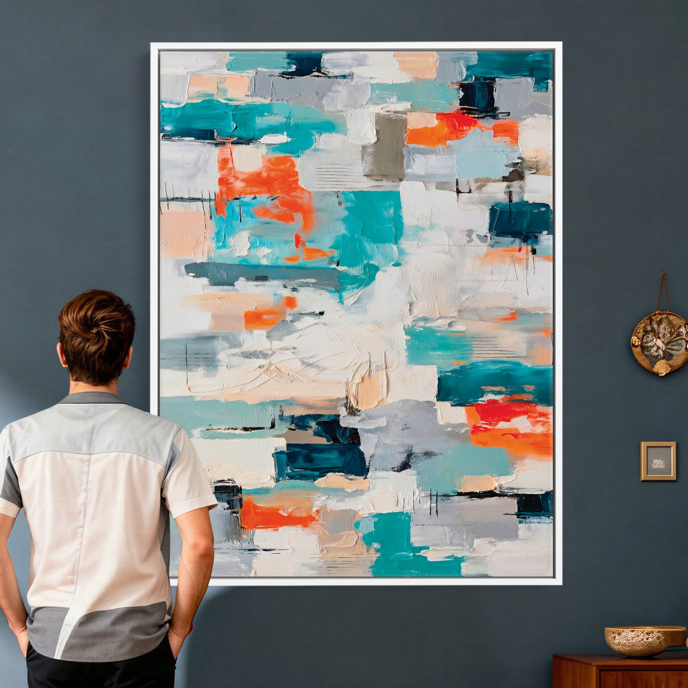 74742966-MGV-CV-24X36 - Blue Teal Abstract Canvas Wall Art - Modern Textured Painting Print, Navy Orange White Contemporary Art, Neutral Living Room Decor, Office Art