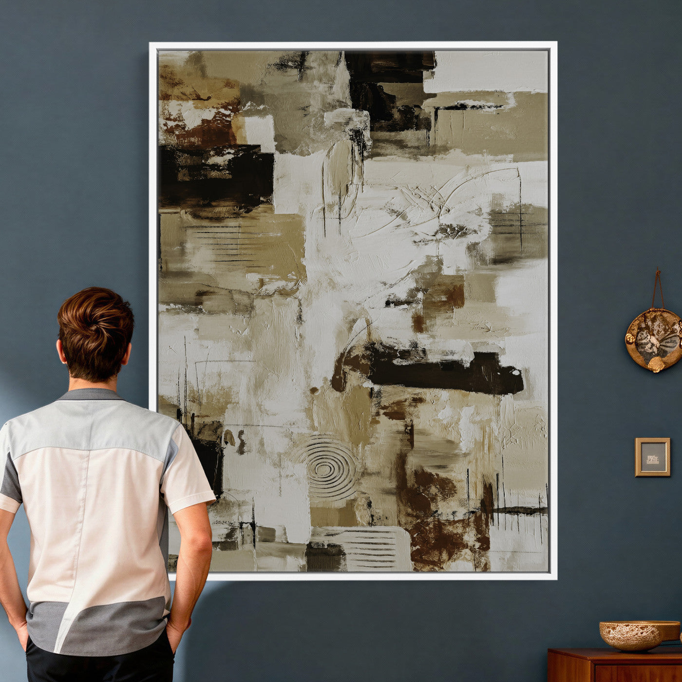 90644187-MGV-CV-24X36 - Blue Teal Abstract Canvas Wall Art, Modern Textured Painting Print, Navy Orange White Contemporary Art, Neutral Living Room Decor, Office Art