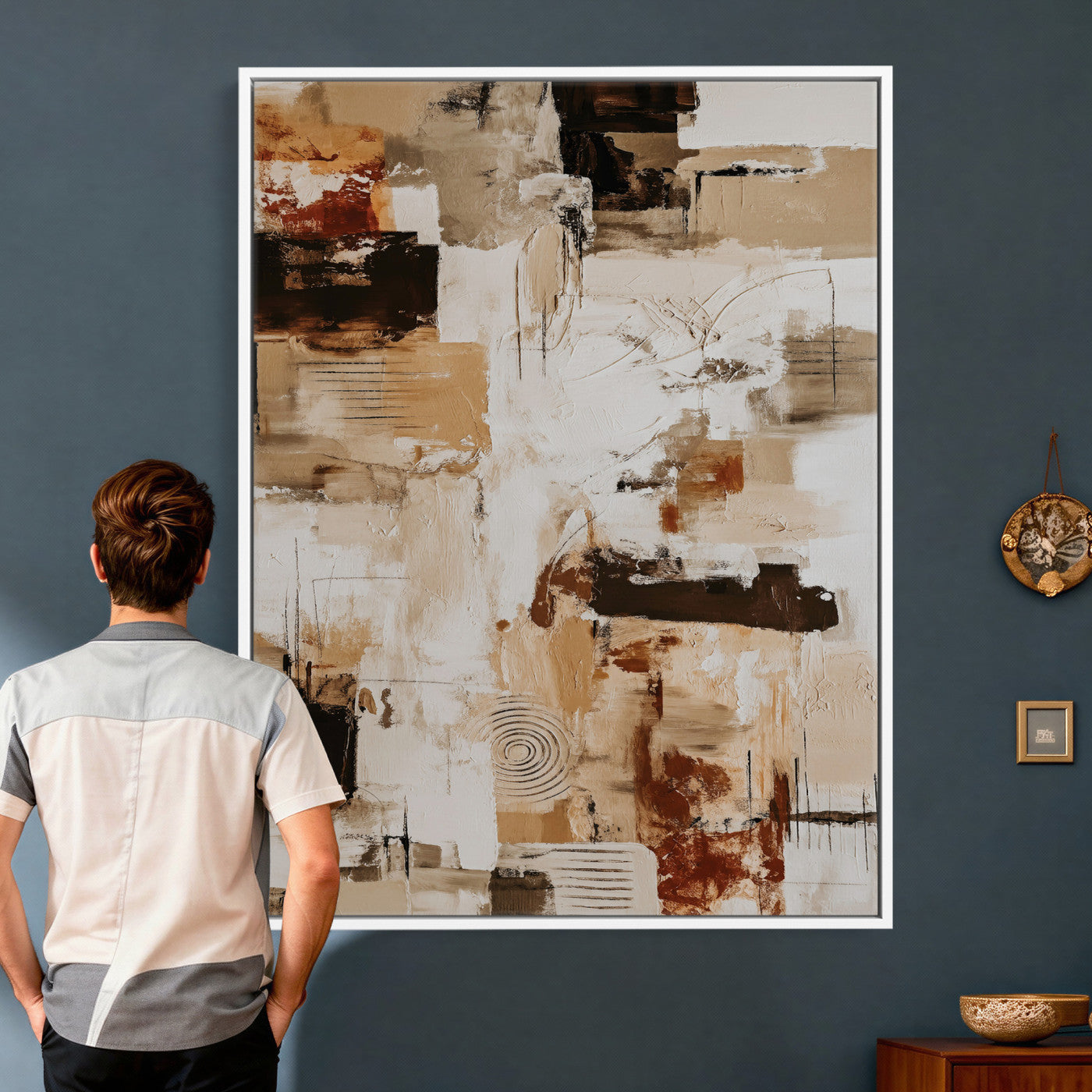 90644187-MGV-CV-24X36 - Blue Teal Abstract Canvas Wall Art | Modern Textured Painting Print, Navy Orange White Contemporary Art - Neutral Living Room Decor, Office Art