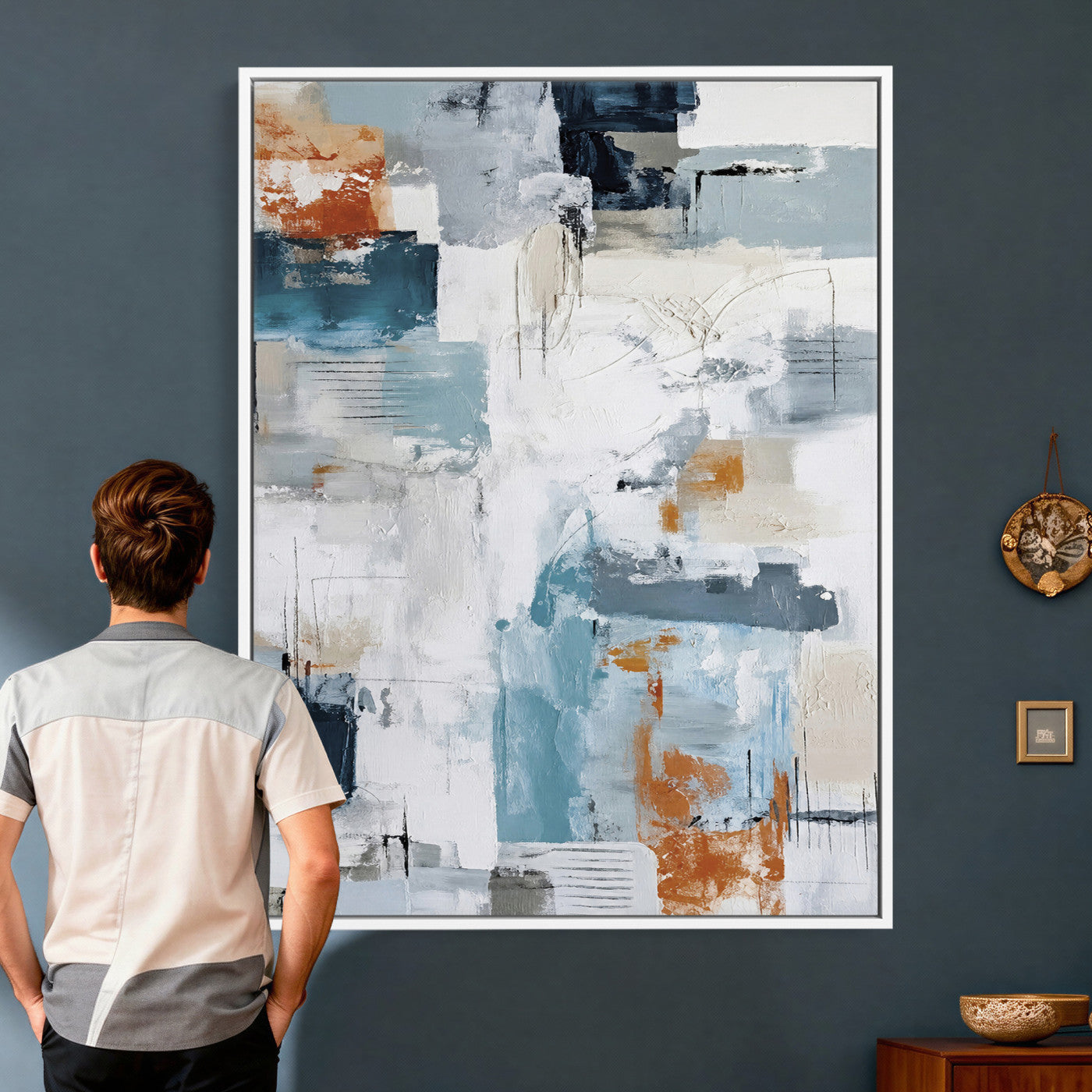 47011485-MGV-CV-24X36 - Blue Teal Abstract Canvas Wall Art, Modern Textured Painting Print, Navy Orange White Contemporary Art, Neutral Living Room Decor, Office Art